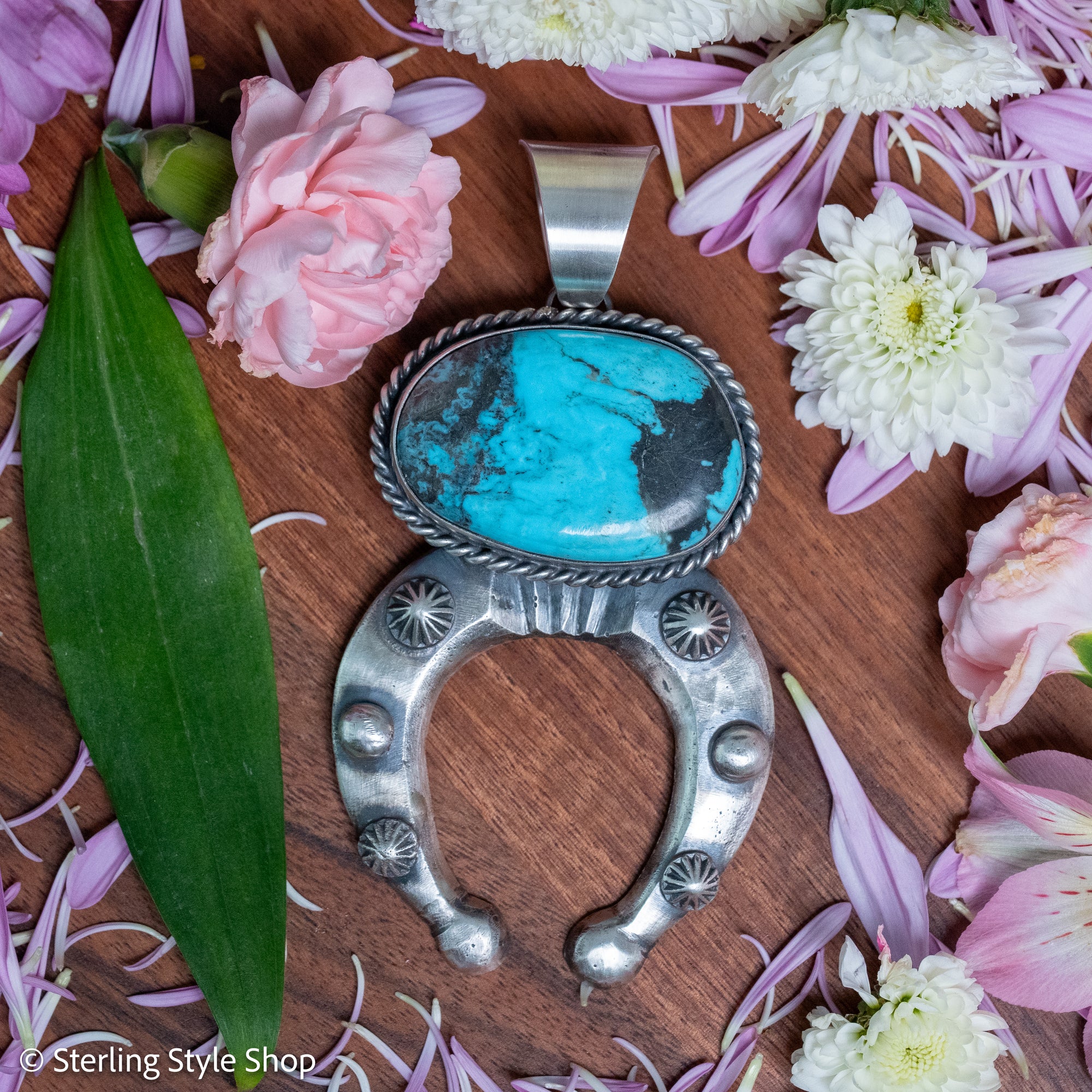 Chimney Butte Naja Pendant, Kingman Turquoise, Starburst Conchos, Navajo Sterling
