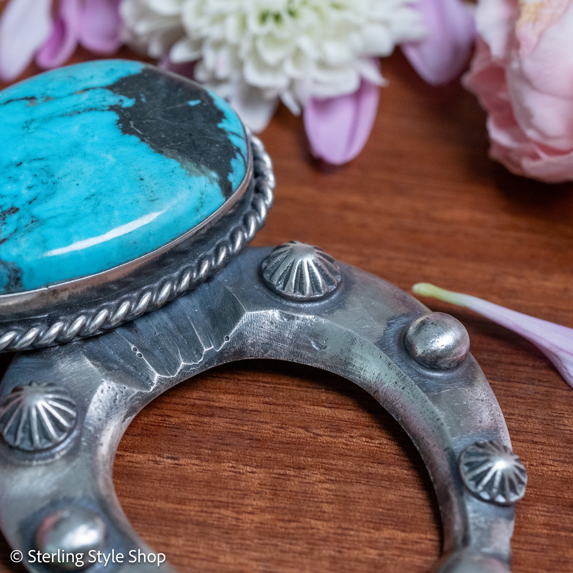 Chimney Butte Naja Pendant, Kingman Turquoise, Starburst Conchos, Navajo Sterling