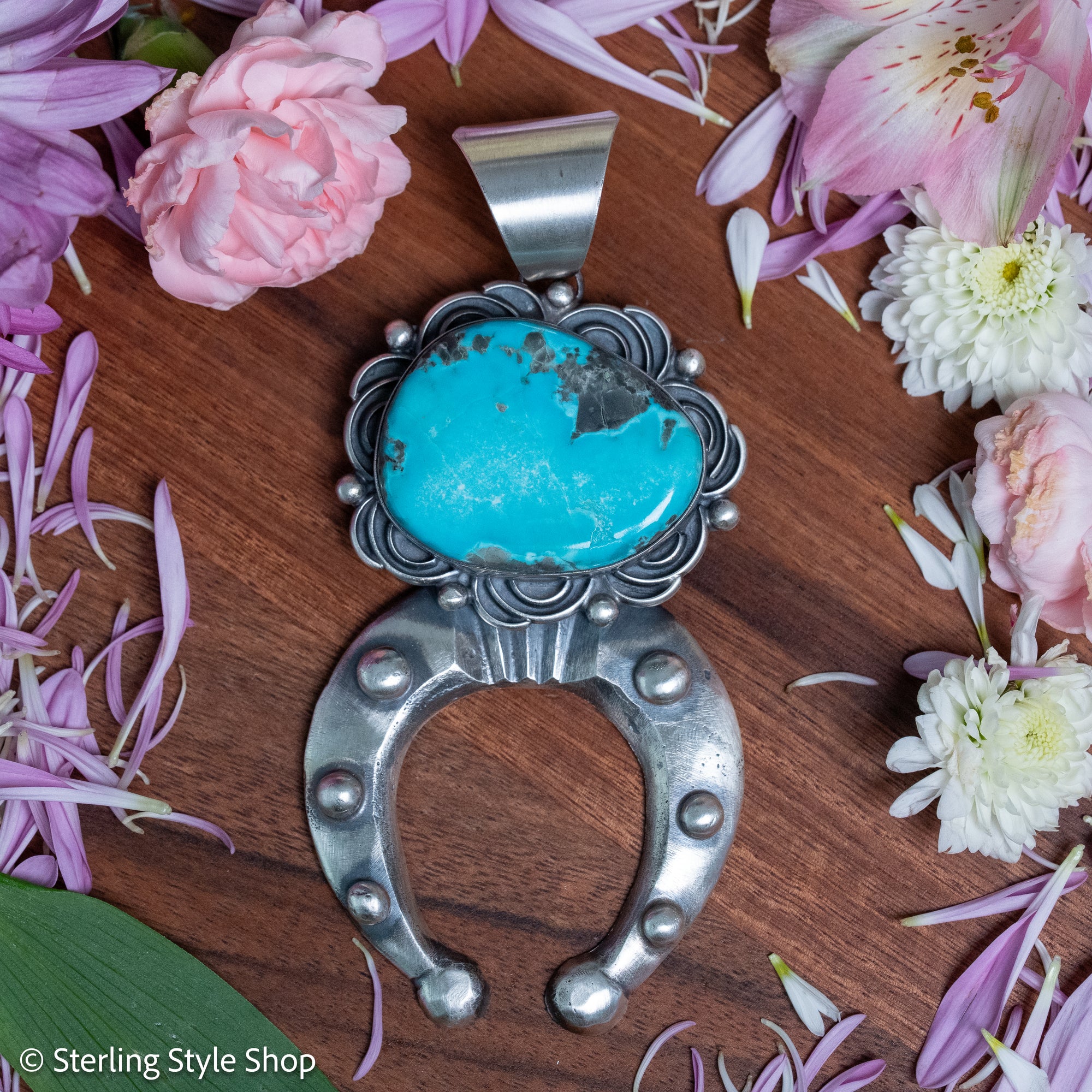 Chimney Butte Naja Pendant, Campitos Turquoise, Scrollwork, Navajo Sterling