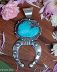 Chimney Butte Naja Pendant, Campitos Turquoise, Scrollwork, Navajo Sterling
