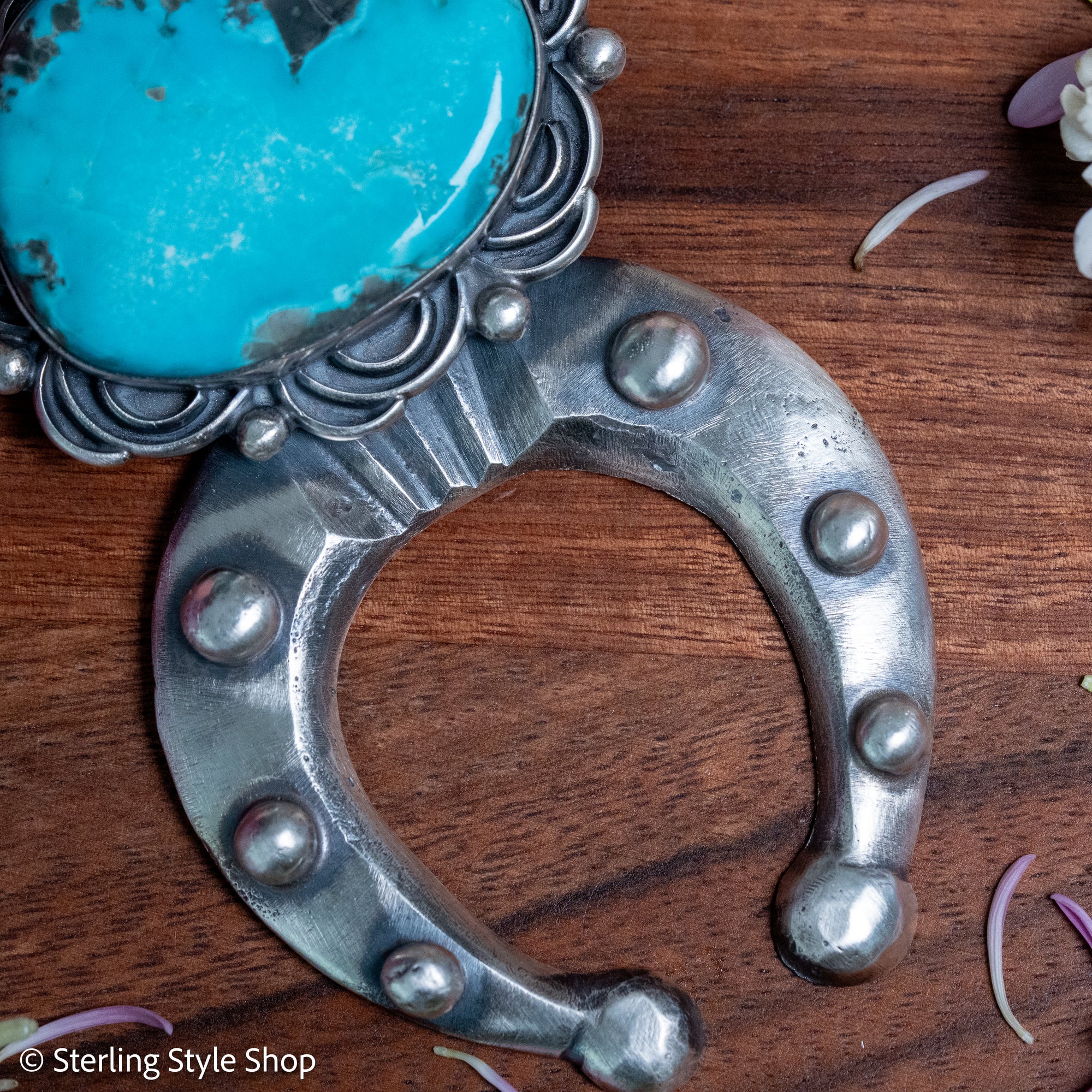 Chimney Butte Naja Pendant, Campitos Turquoise, Scrollwork, Navajo Sterling