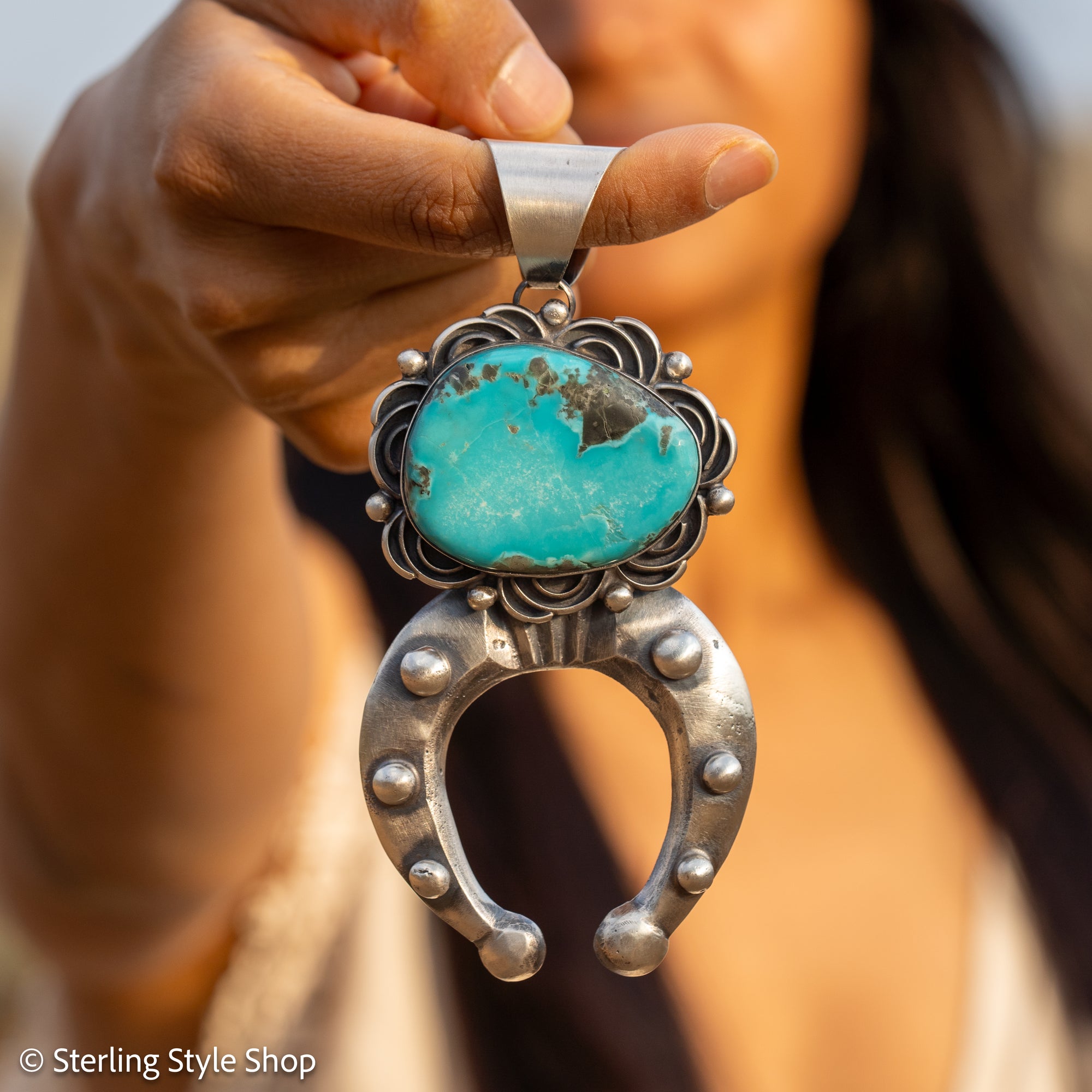 Chimney Butte Naja Pendant, Campitos Turquoise, Scrollwork, Navajo Sterling