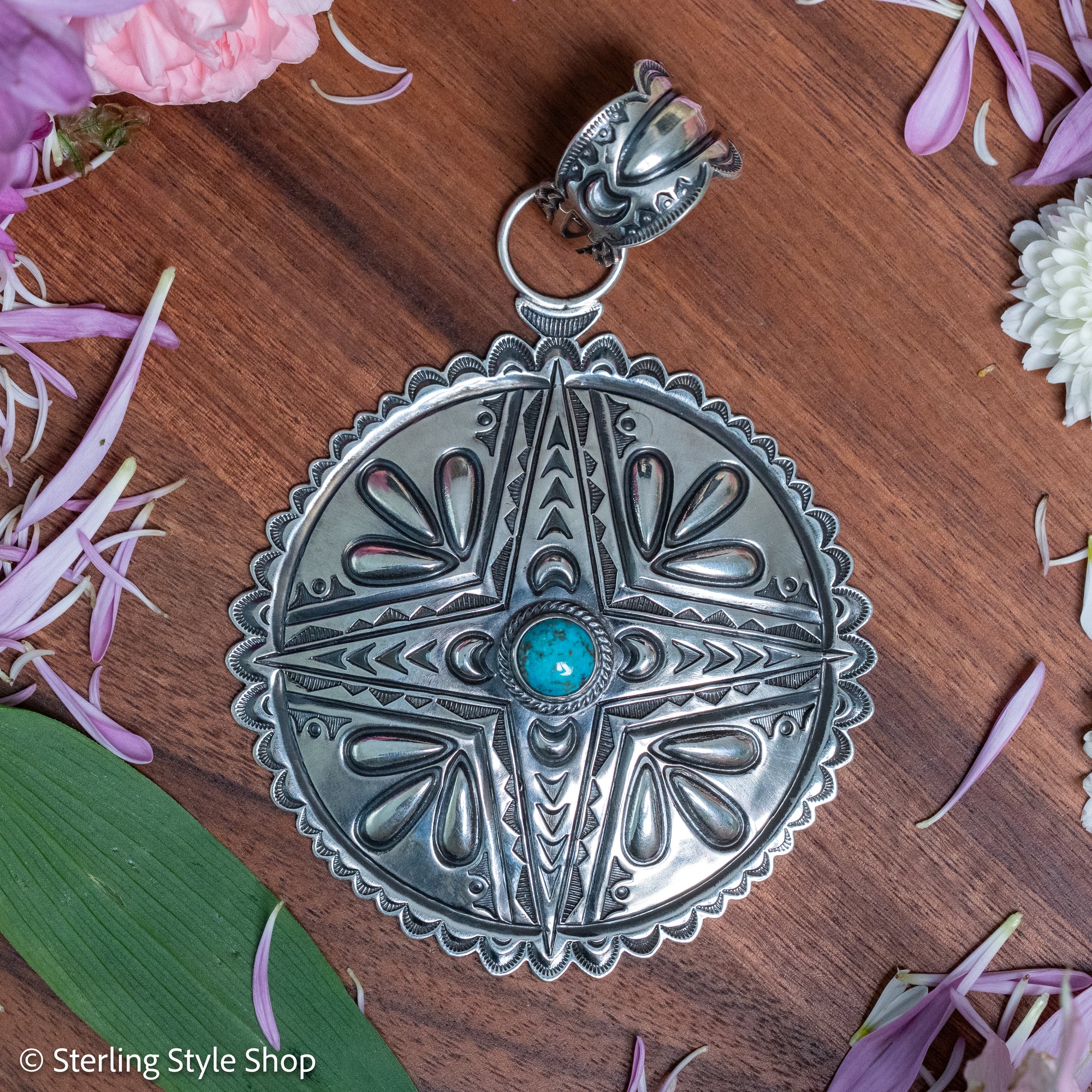 Roland Dixson Large Concho Pendant, Repousse Cross, Navajo Sterling Silver