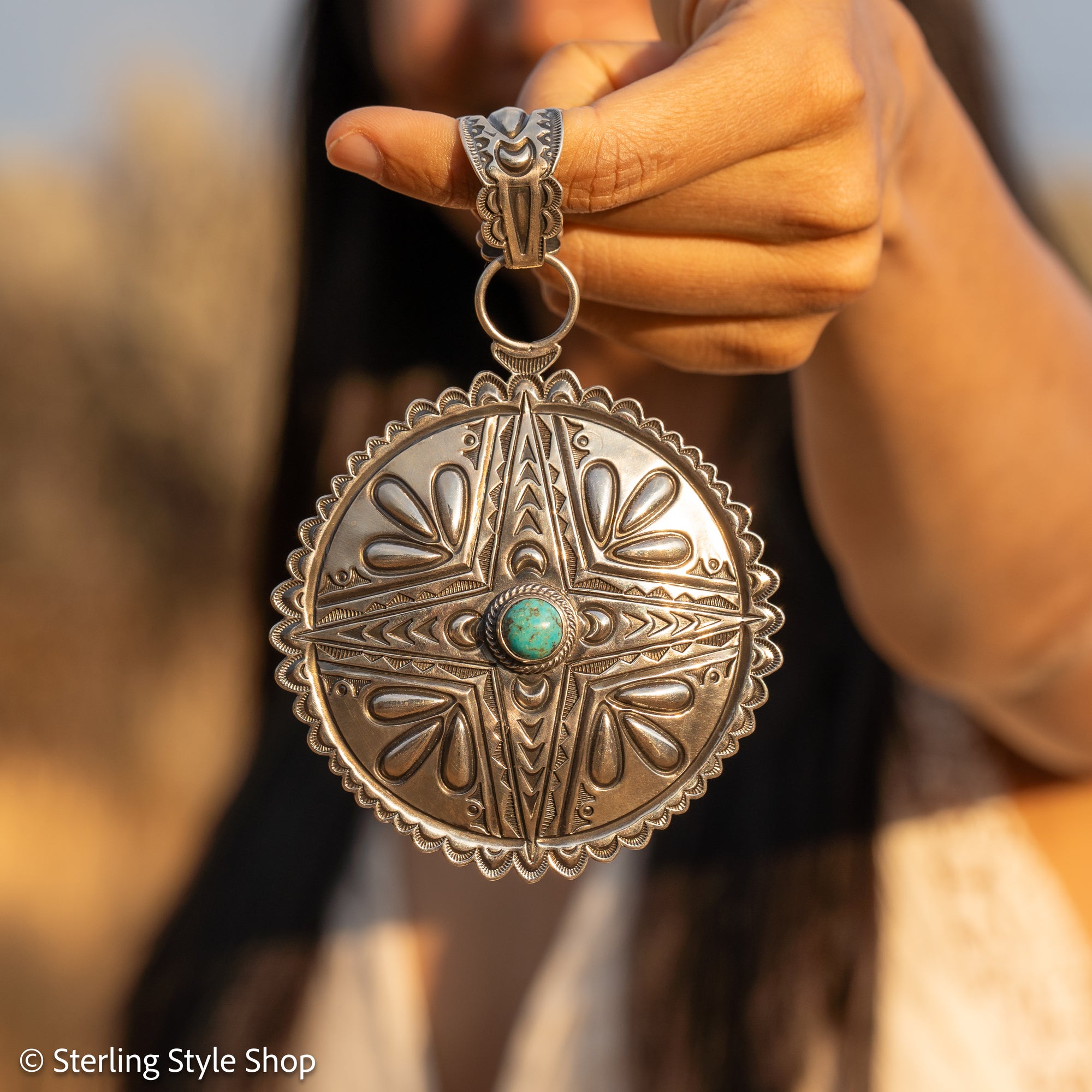 Roland Dixson Large Concho Pendant, Repousse Cross, Navajo Sterling Silver