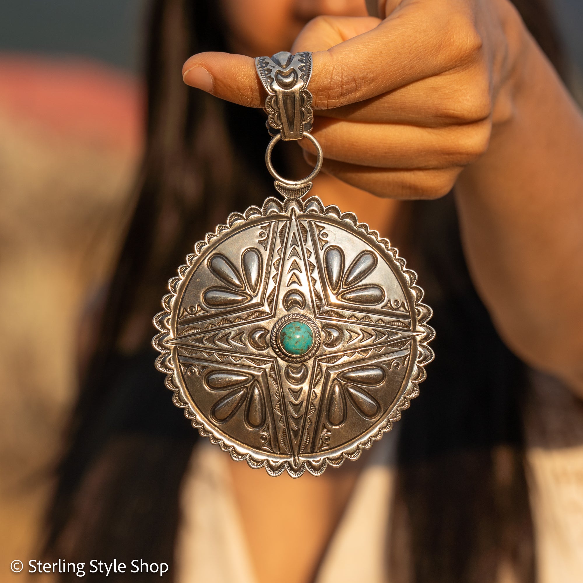 Roland Dixson Large Concho Pendant, Repousse Cross, Navajo Sterling Silver
