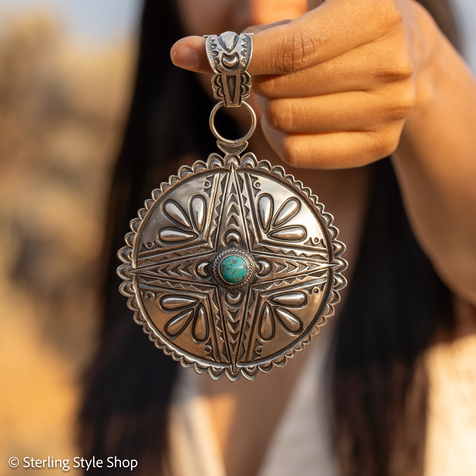 Roland Dixson Large Concho Pendant, Repousse Cross, Navajo Sterling Silver