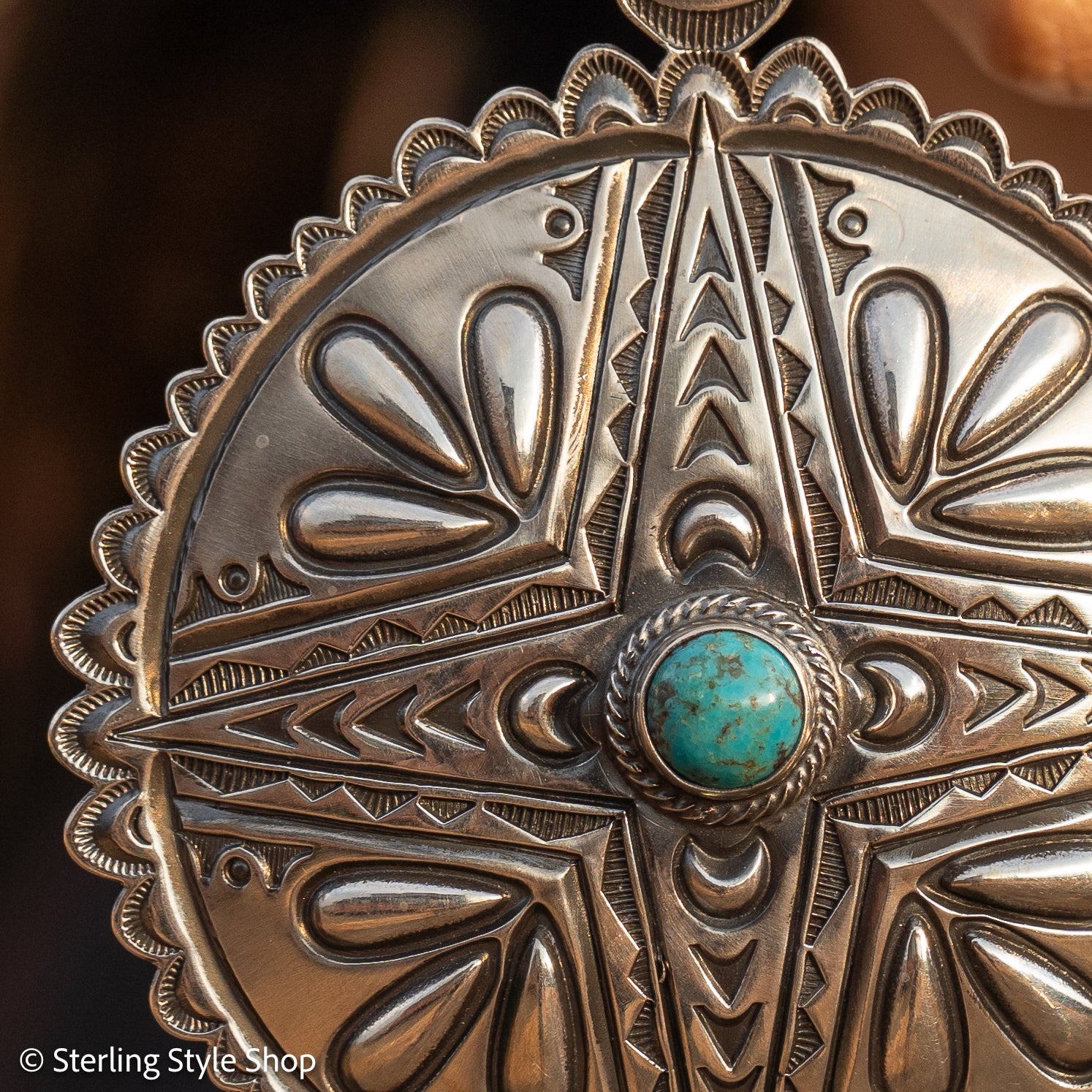 Roland Dixson Large Concho Pendant, Repousse Cross, Navajo Sterling Silver