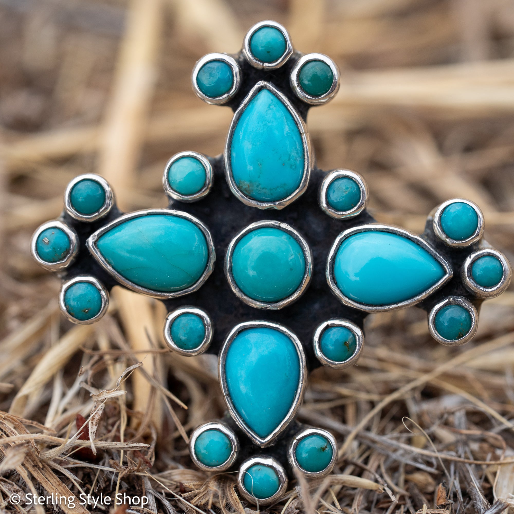 Federico Jimenez Turquoise Cross Ring, Signed Oaxacan Sterling Silver, Adjustable