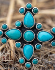 Federico Jimenez Turquoise Cross Ring, Signed Oaxacan Sterling Silver, Adjustable