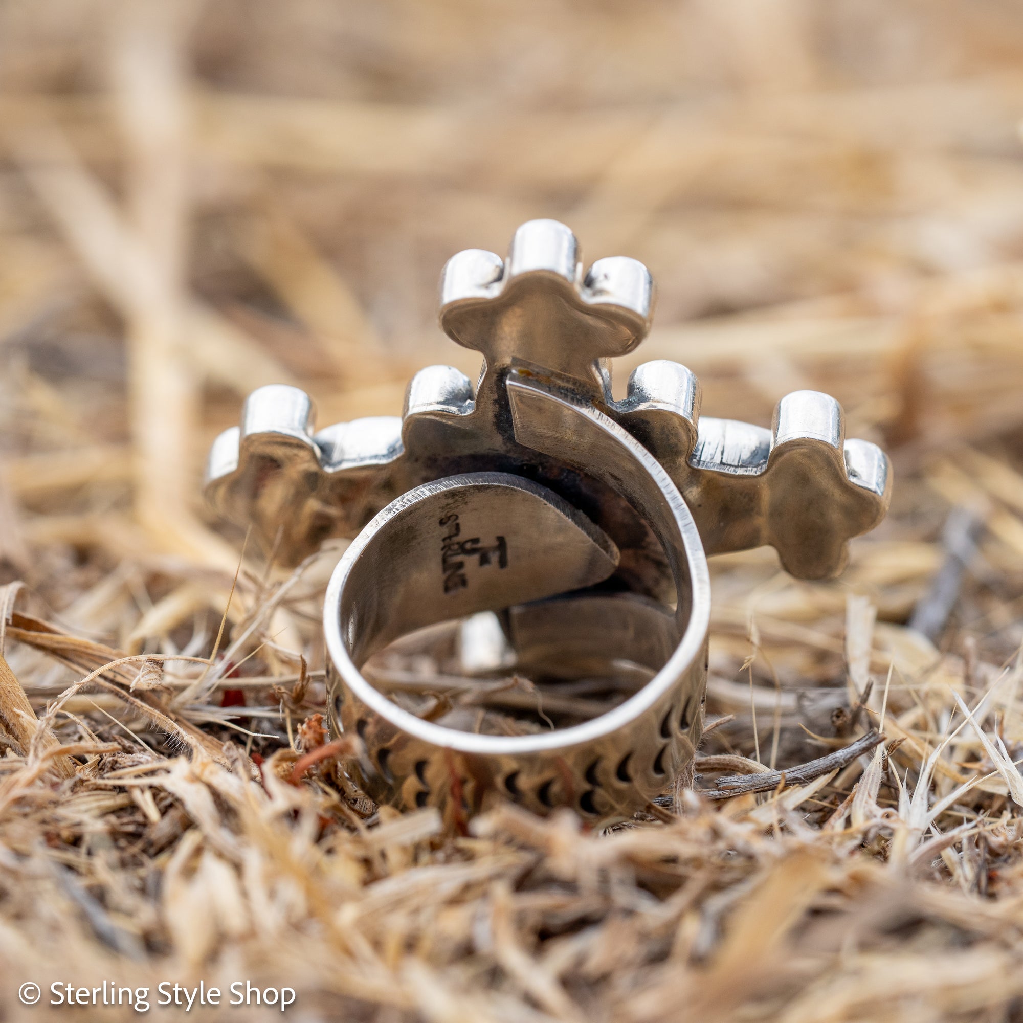 Federico Jimenez Turquoise Cross Ring, Signed Oaxacan Sterling Silver, Adjustable