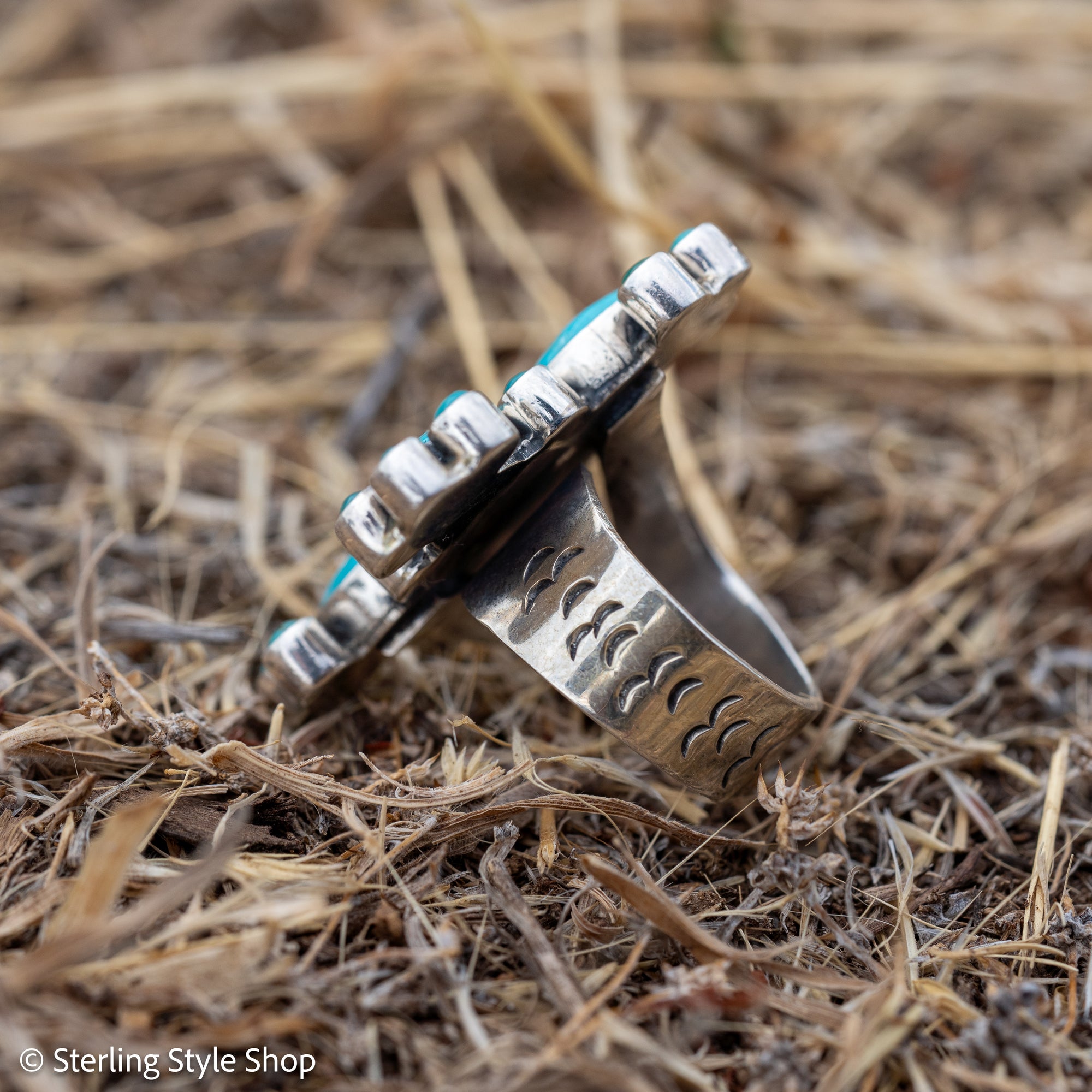 Federico Jimenez Turquoise Cross Ring, Signed Oaxacan Sterling Silver, Adjustable