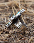 Federico Jimenez Turquoise Cross Ring, Signed Oaxacan Sterling Silver, Adjustable