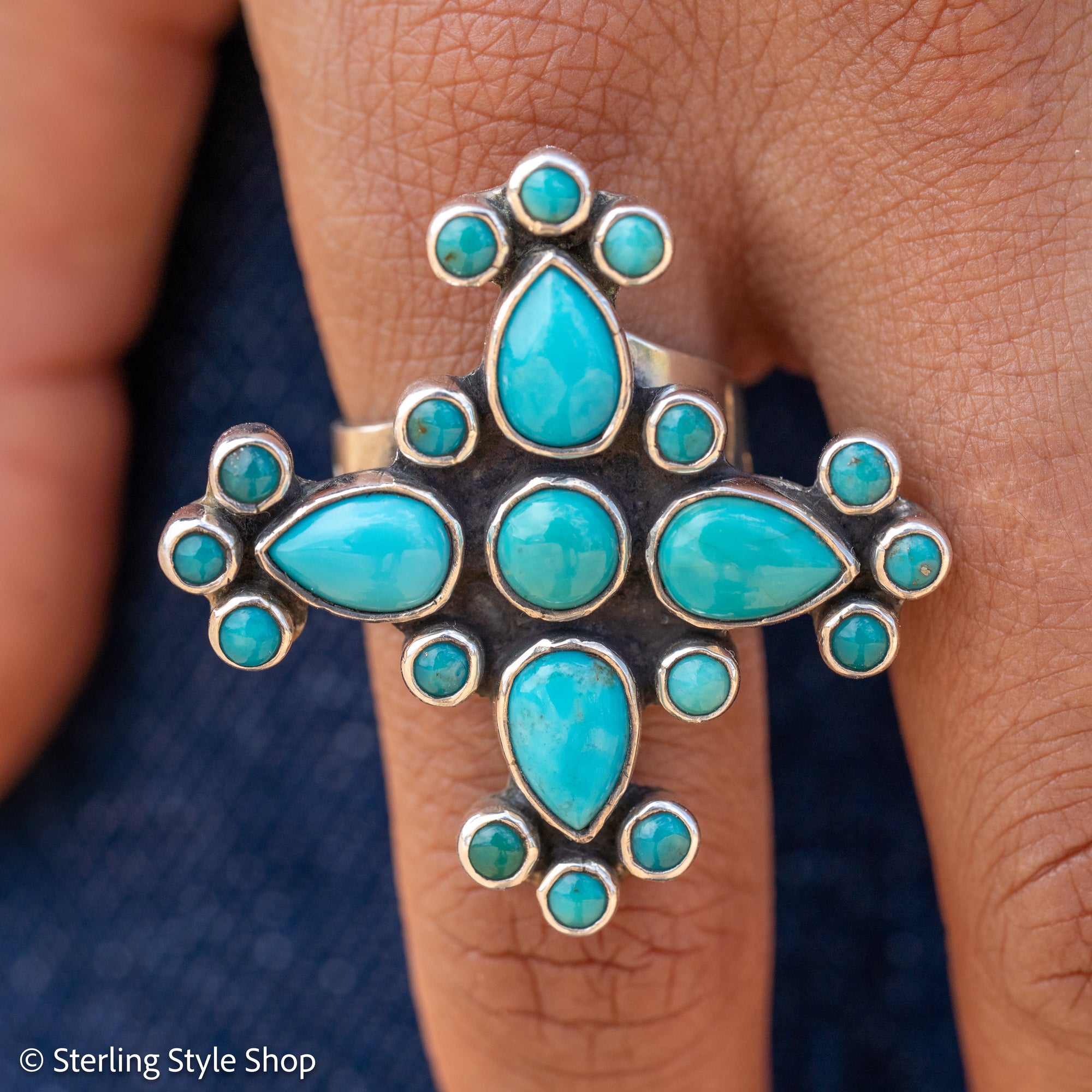 Federico Jimenez Turquoise Cross Ring, Signed Oaxacan Sterling Silver, Adjustable