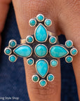Federico Jimenez Turquoise Cross Ring, Signed Oaxacan Sterling Silver, Adjustable