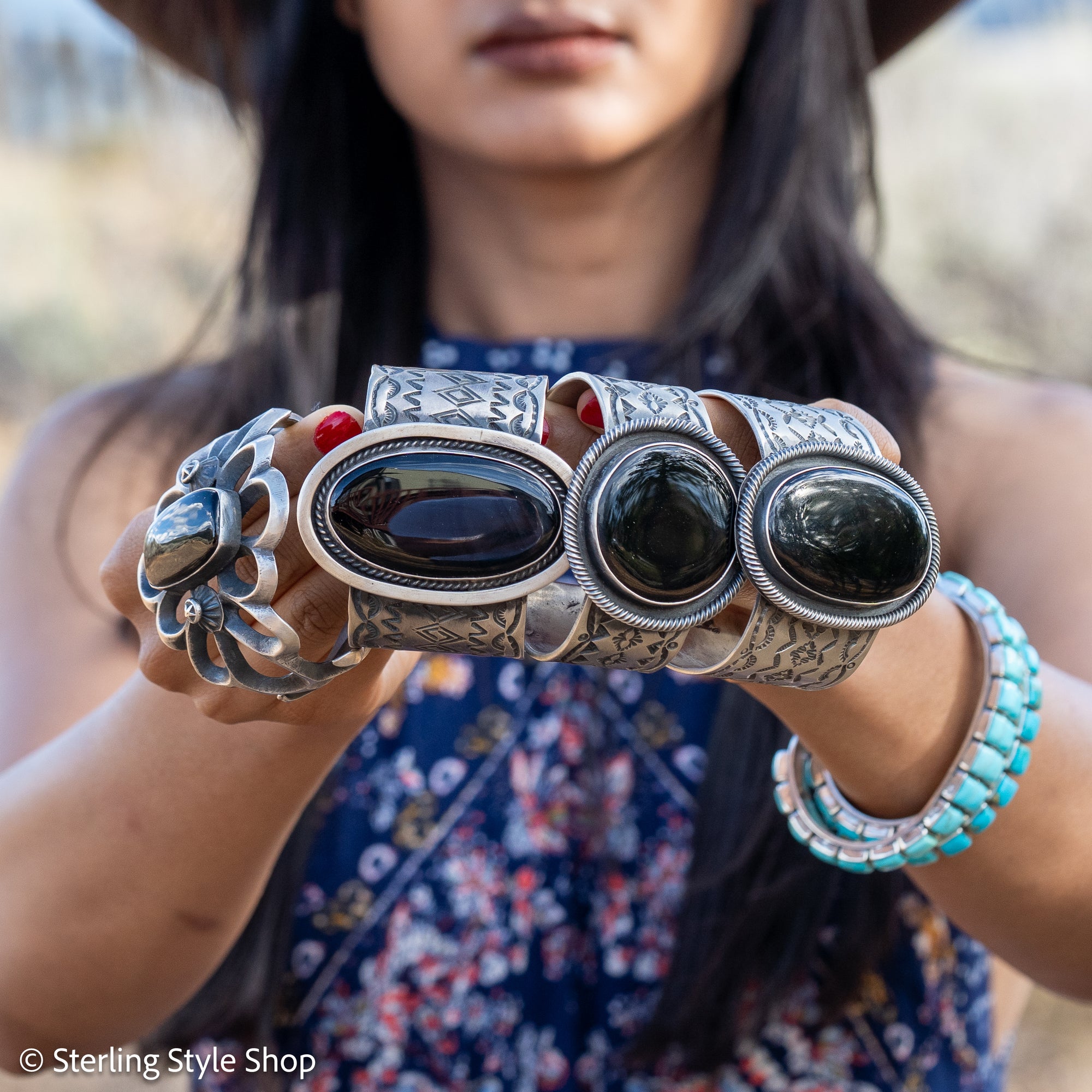 Chimney Butte Onyx Cuff, Oval Black Onyx, Hand Stamped Navajo Sterling Silver