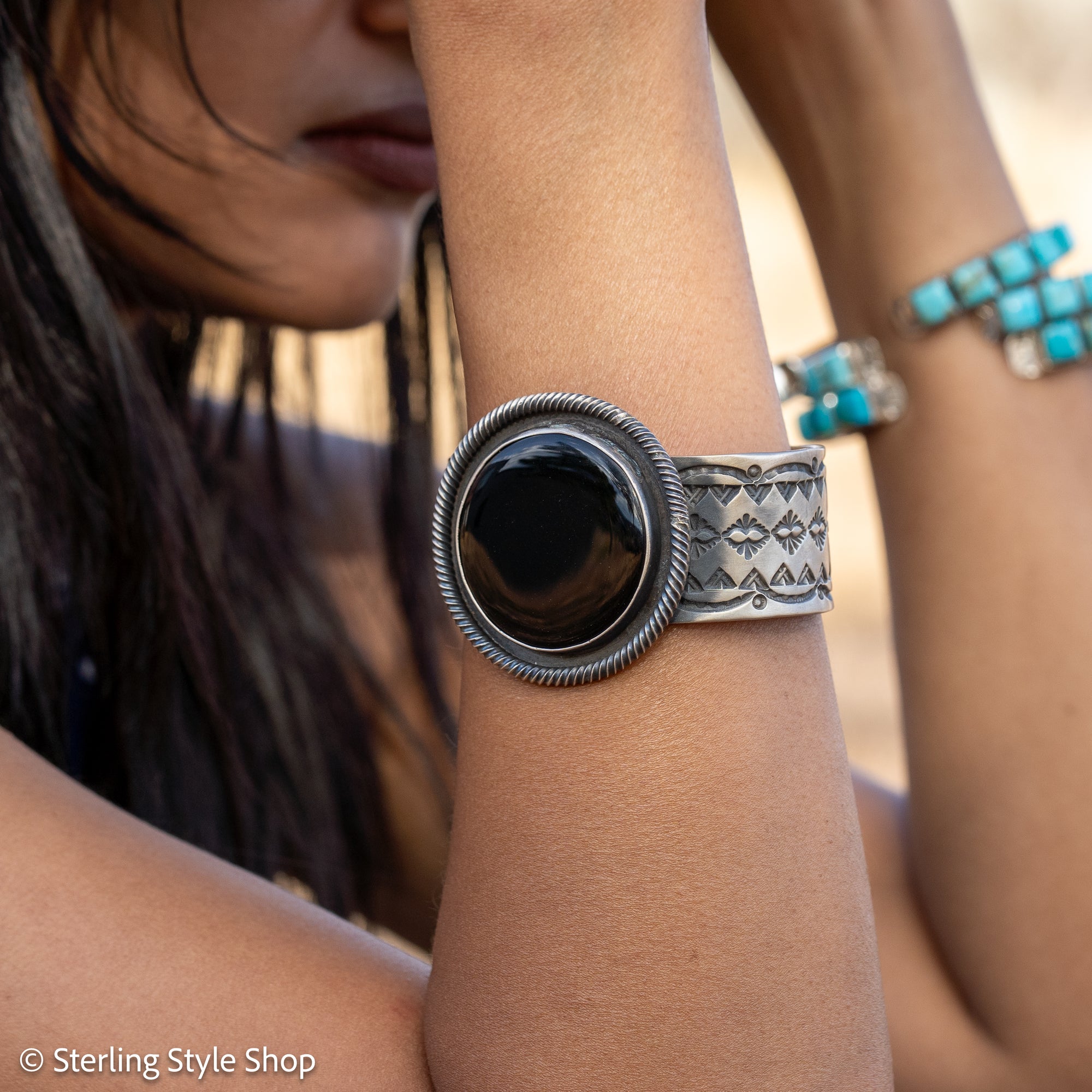 Chimney Butte Onyx Cuff, Round Black Onyx, Hand Stamped Navajo Sterling, 120g