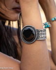 Chimney Butte Onyx Cuff, Round Black Onyx, Hand Stamped Navajo Sterling, 120g