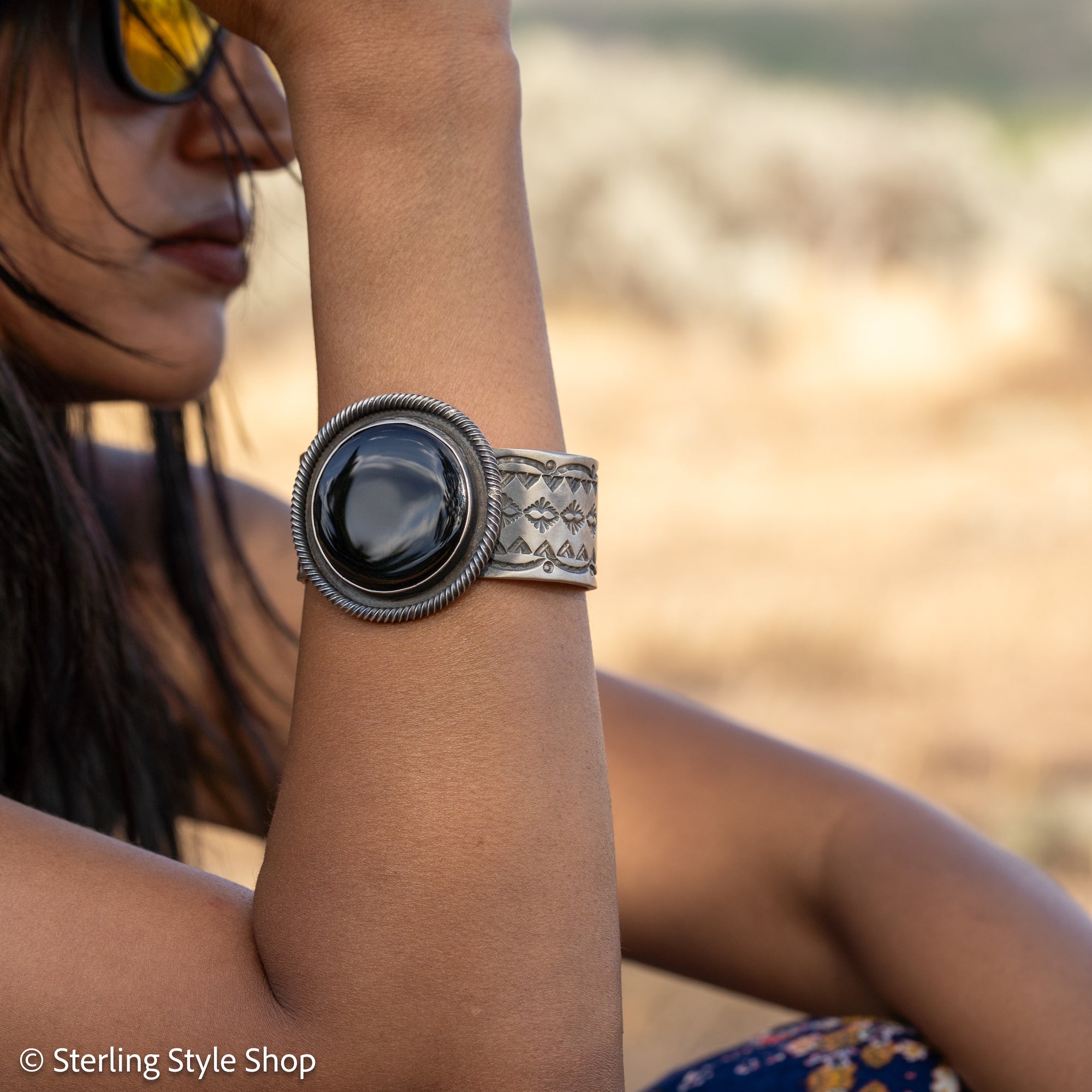 Chimney Butte Onyx Cuff, Round Black Onyx, Hand Stamped Navajo Sterling, 120g