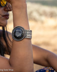 Chimney Butte Onyx Cuff, Round Black Onyx, Hand Stamped Navajo Sterling, 120g