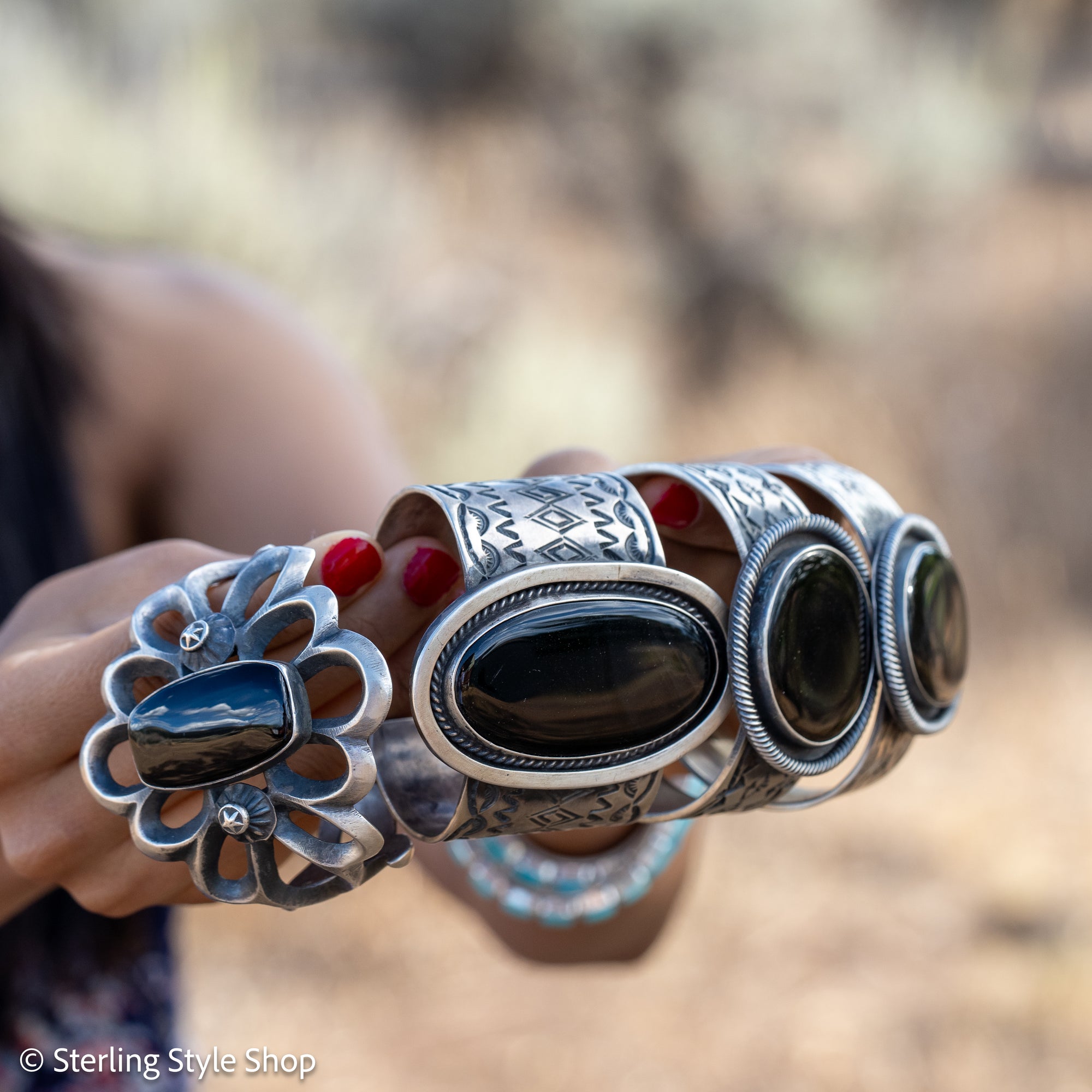Chimney Butte Sandcast Onyx Cuff, Black Onyx, Navajo Sterling Openwork, 102g