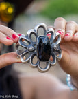 Chimney Butte Sandcast Onyx Cuff, Black Onyx, Navajo Sterling Openwork, 102g