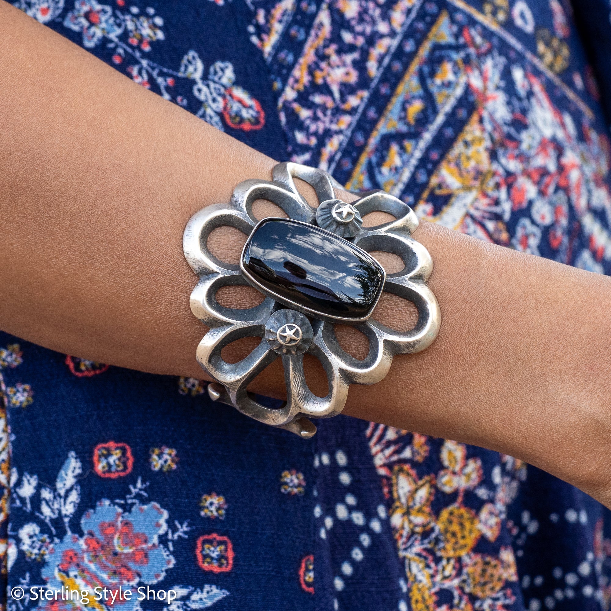 Chimney Butte Sandcast Onyx Cuff, Black Onyx, Navajo Sterling Openwork, 102g