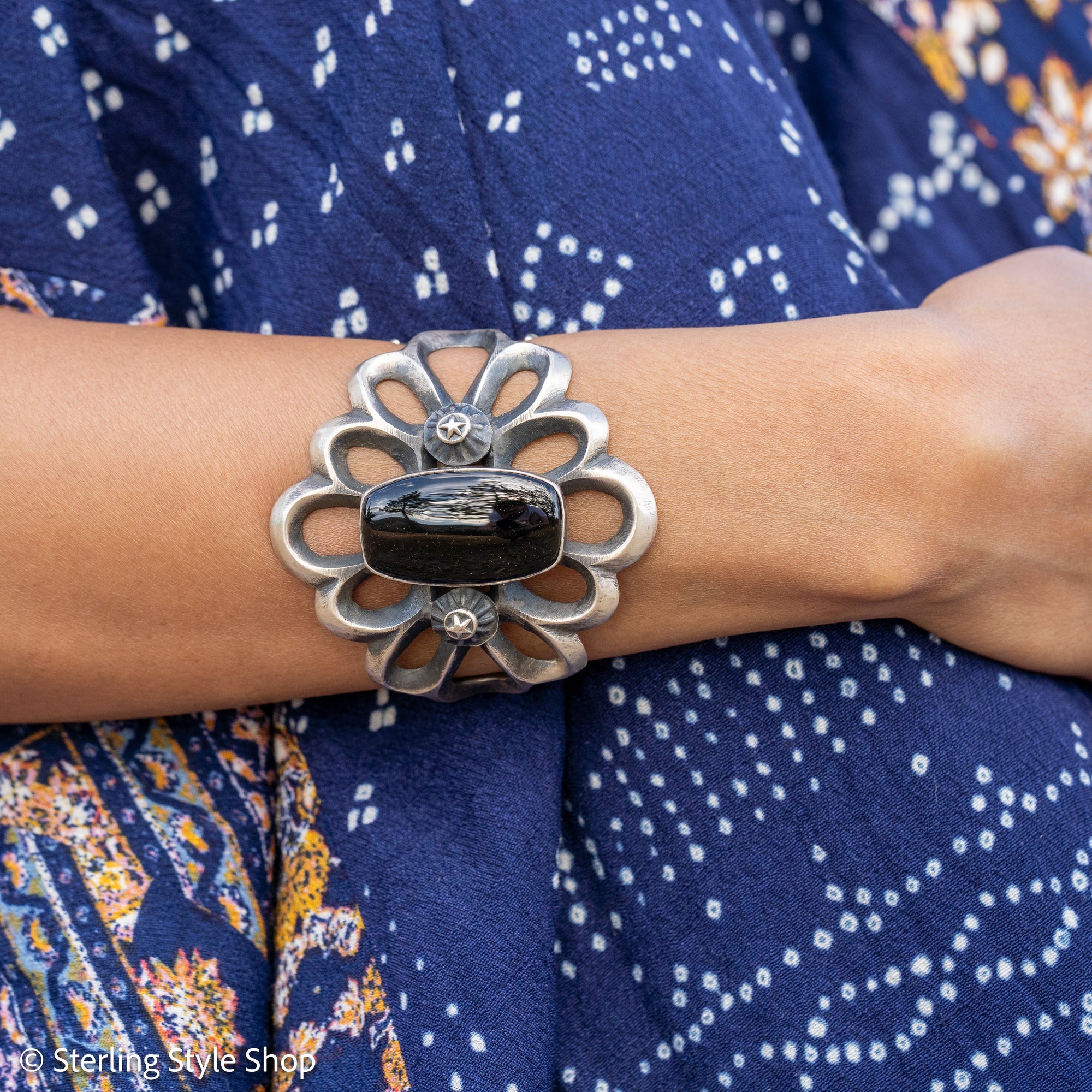 Chimney Butte Sandcast Onyx Cuff, Black Onyx, Navajo Sterling Openwork, 102g