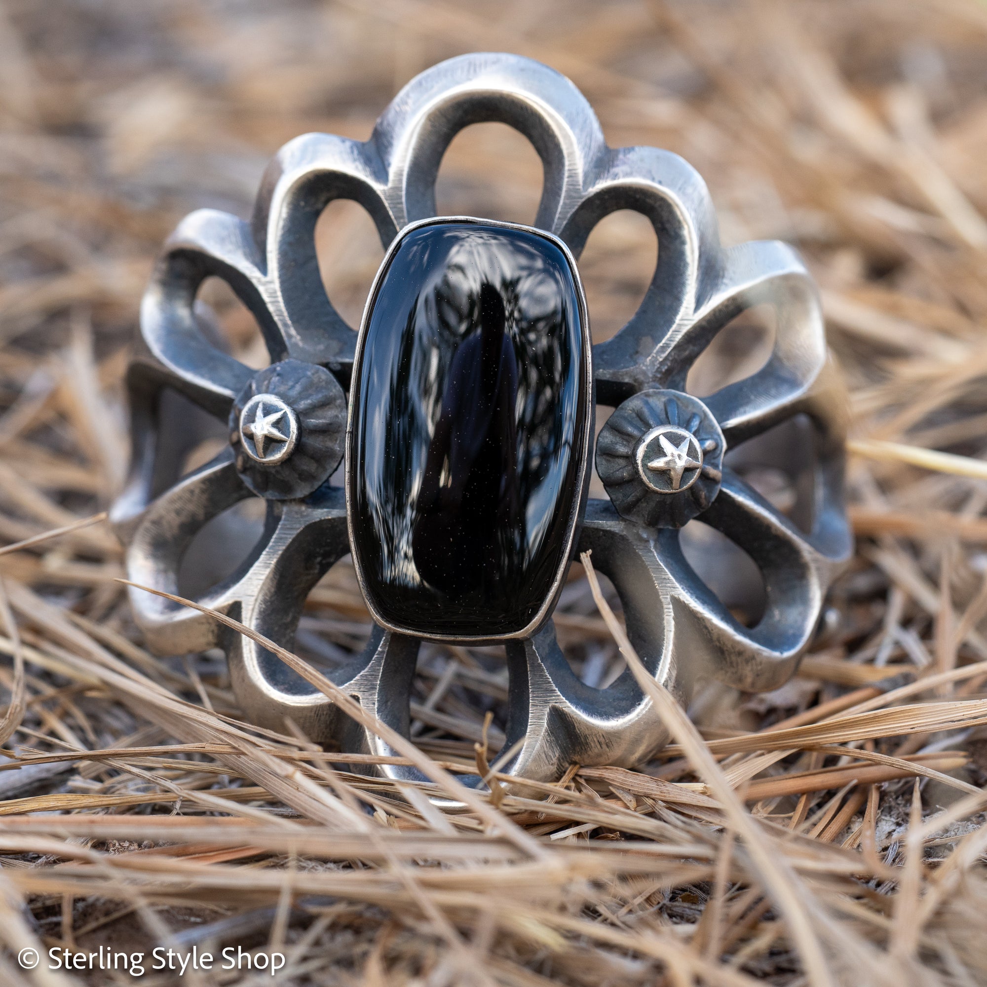 Chimney Butte Sandcast Onyx Cuff, Black Onyx, Navajo Sterling Openwork, 102g