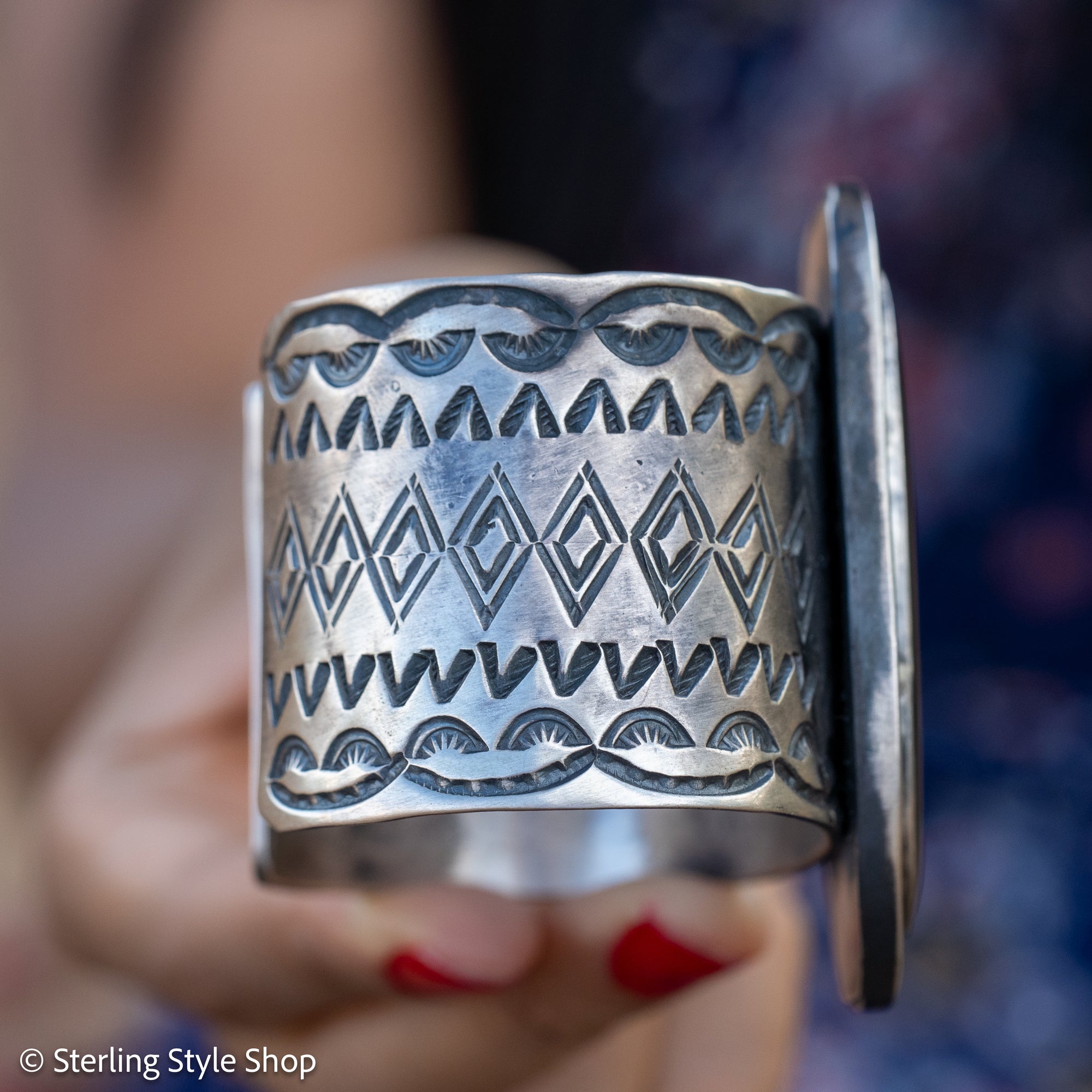 Chimney Butte Onyx Cuff, Oval Black Onyx, Hand Stamped Navajo Sterling Silver