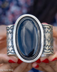 Chimney Butte Onyx Cuff, Oval Black Onyx, Hand Stamped Navajo Sterling Silver
