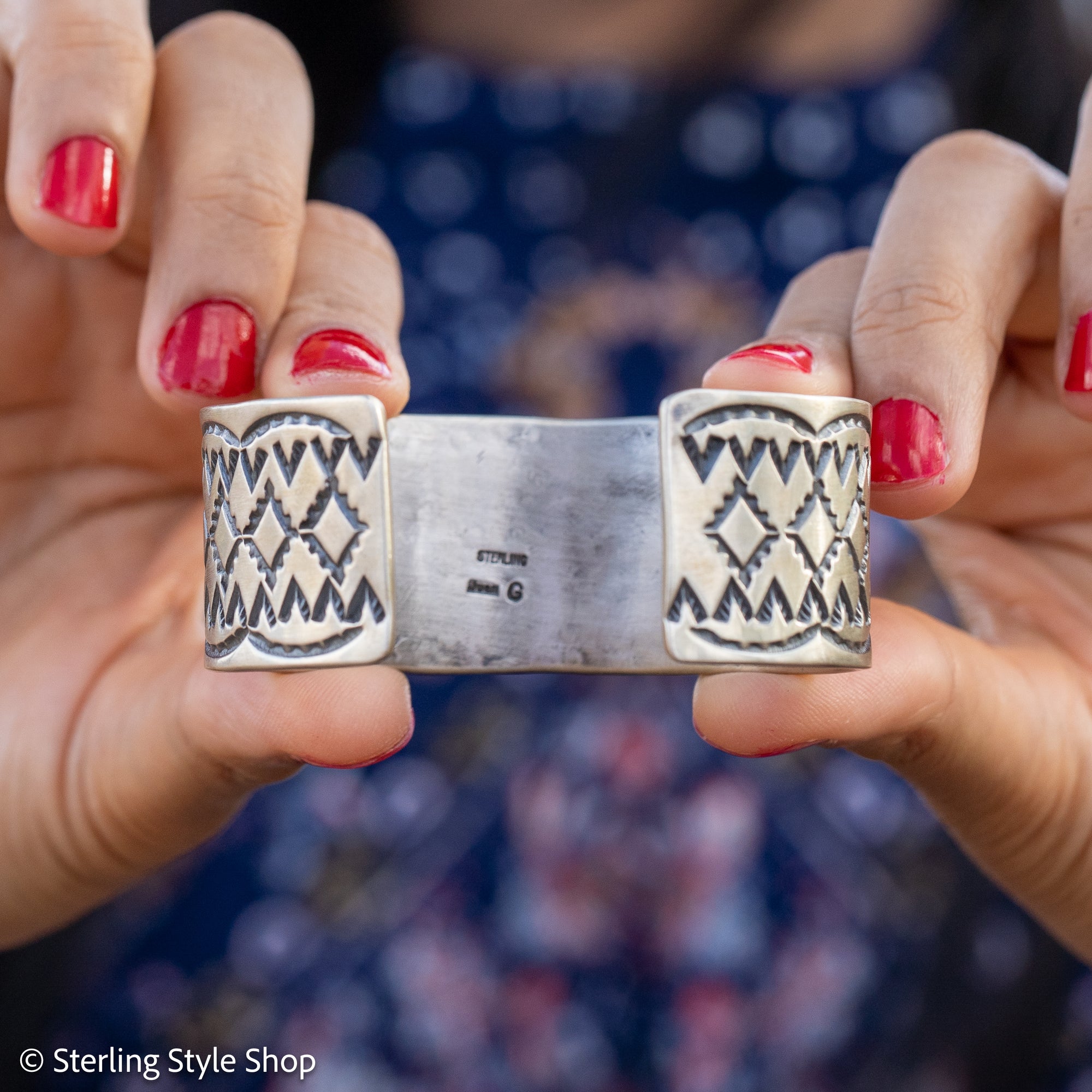 Juan Guerrero Hand Stamped Sterling Silver Cuff, Wide 1 Inch Band, 80g