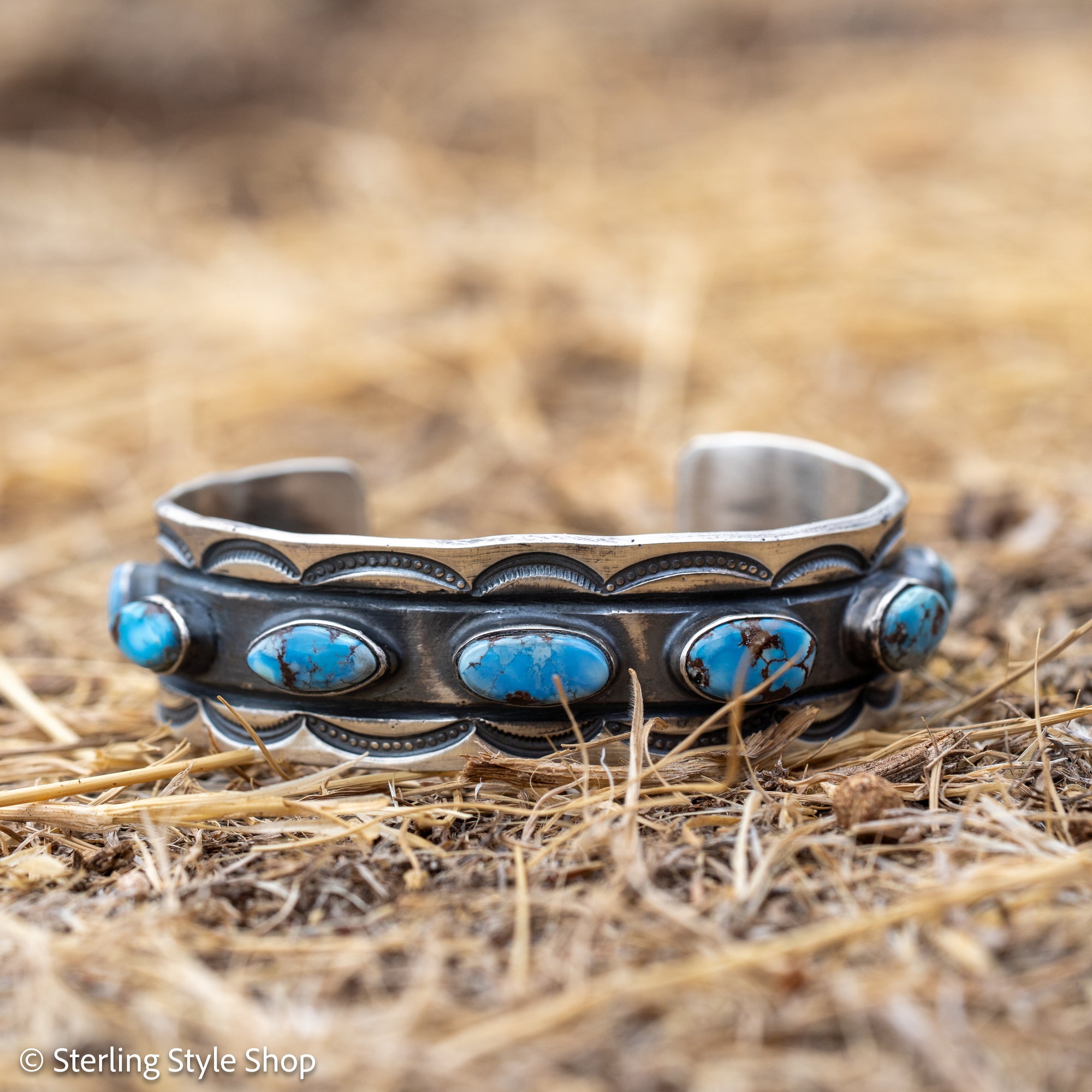 Chimney Butte Golden Hills Turquoise Cuff, Seven Stones, Navajo Sterling Silver