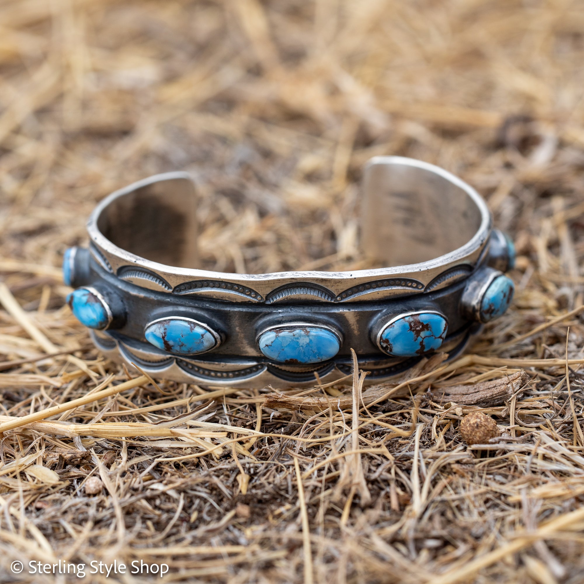 Chimney Butte Golden Hills Turquoise Cuff, Seven Stones, Navajo Sterling Silver