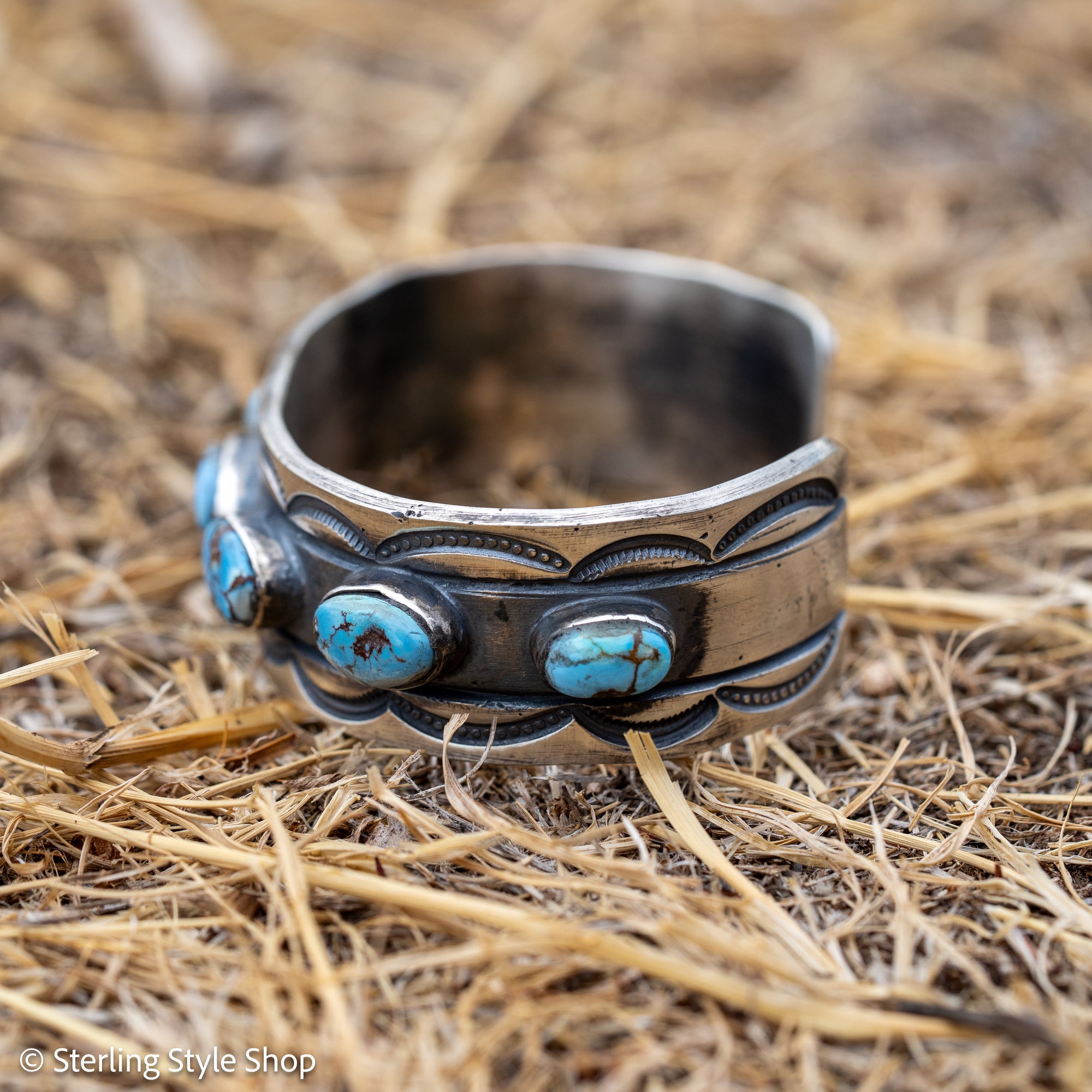 Chimney Butte Golden Hills Turquoise Cuff, Seven Stones, Navajo Sterling Silver
