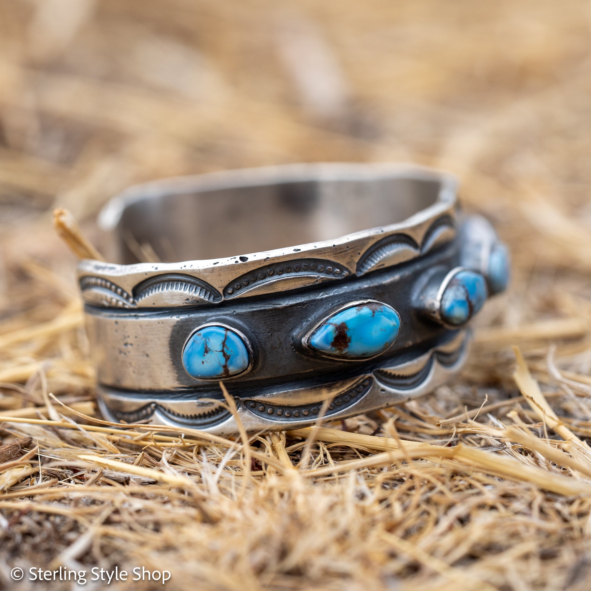 Chimney Butte Golden Hills Turquoise Cuff, Seven Stones, Navajo Sterling Silver