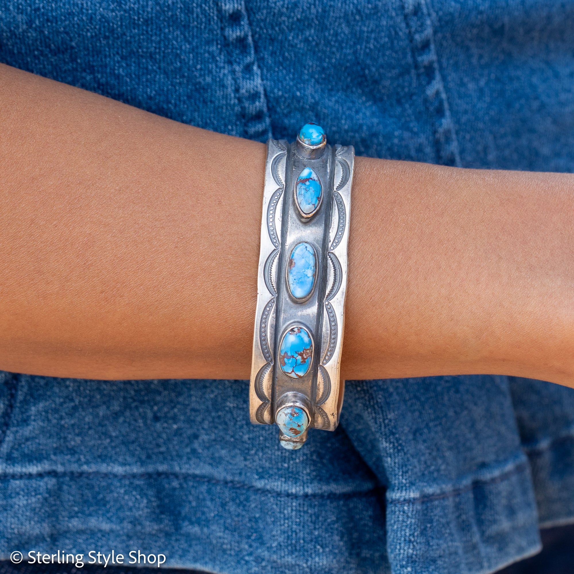 Chimney Butte Golden Hills Turquoise Cuff, Seven Stones, Navajo Sterling Silver