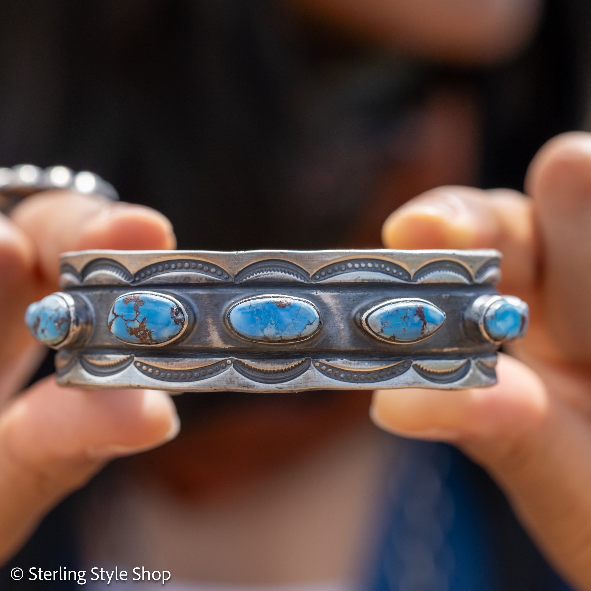 Chimney Butte Golden Hills Turquoise Cuff, Seven Stones, Navajo Sterling Silver