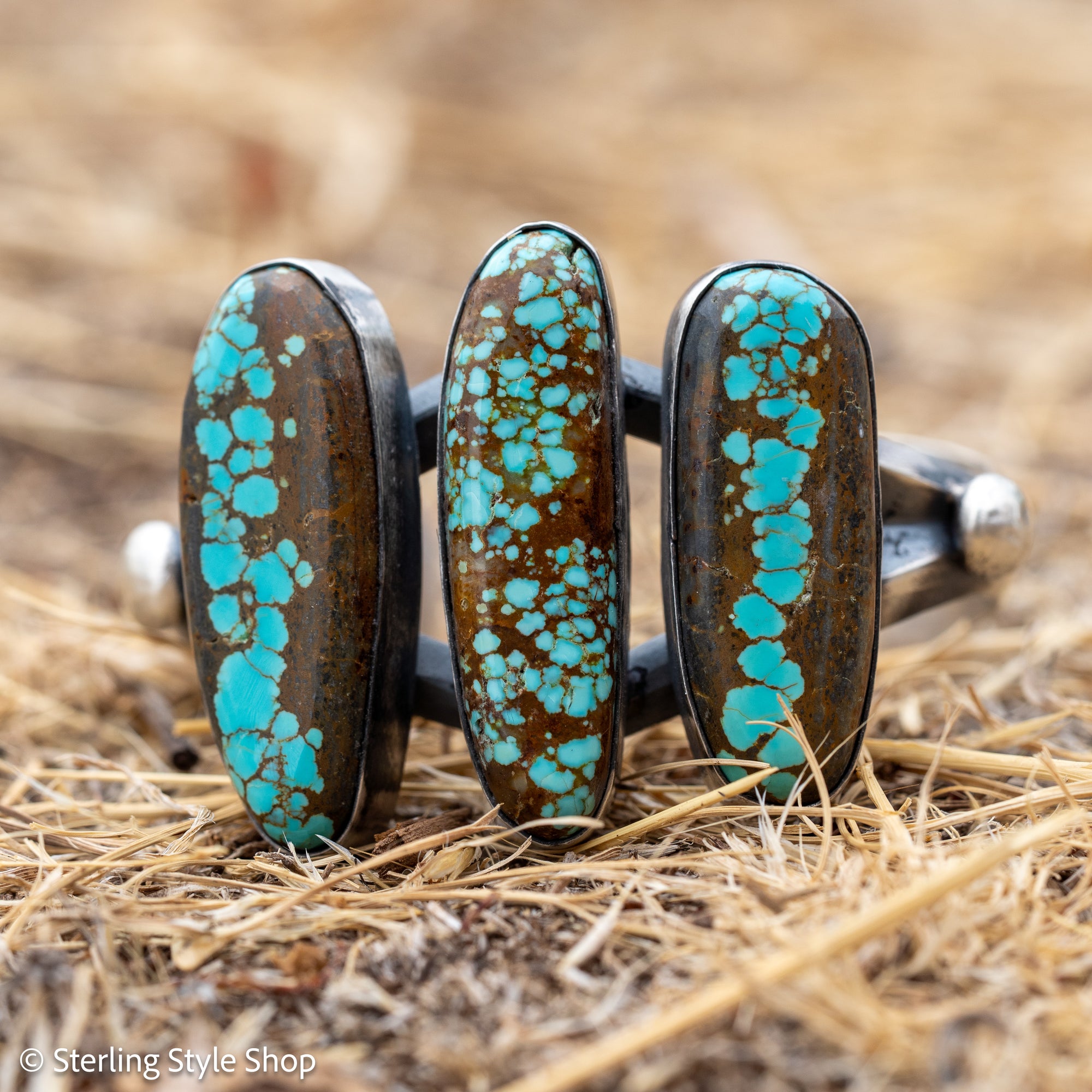 Chimney Butte Number 8 Turquoise Cuff, Three Large Stones, Navajo Sterling Silver