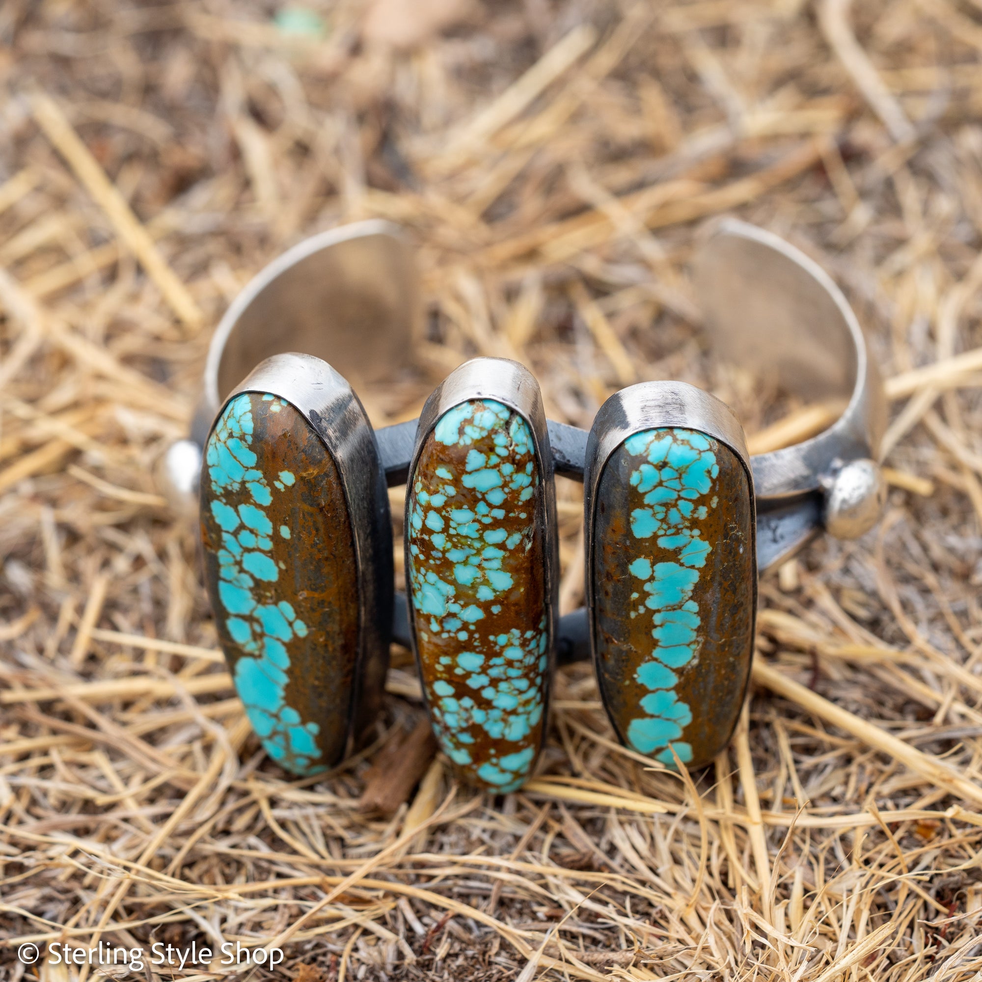 Chimney Butte Number 8 Turquoise Cuff, Three Large Stones, Navajo Sterling Silver
