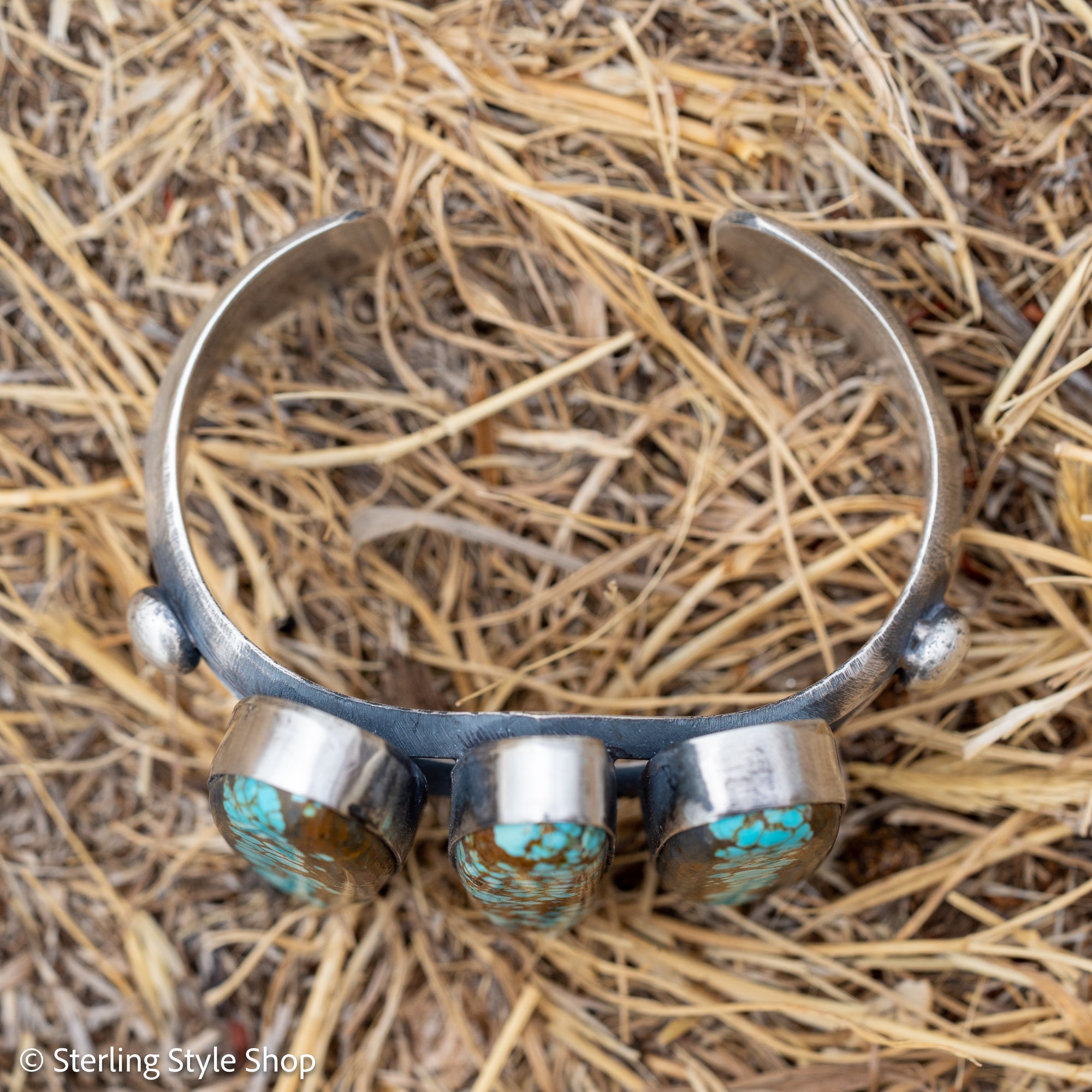 Chimney Butte Number 8 Turquoise Cuff, Three Large Stones, Navajo Sterling Silver