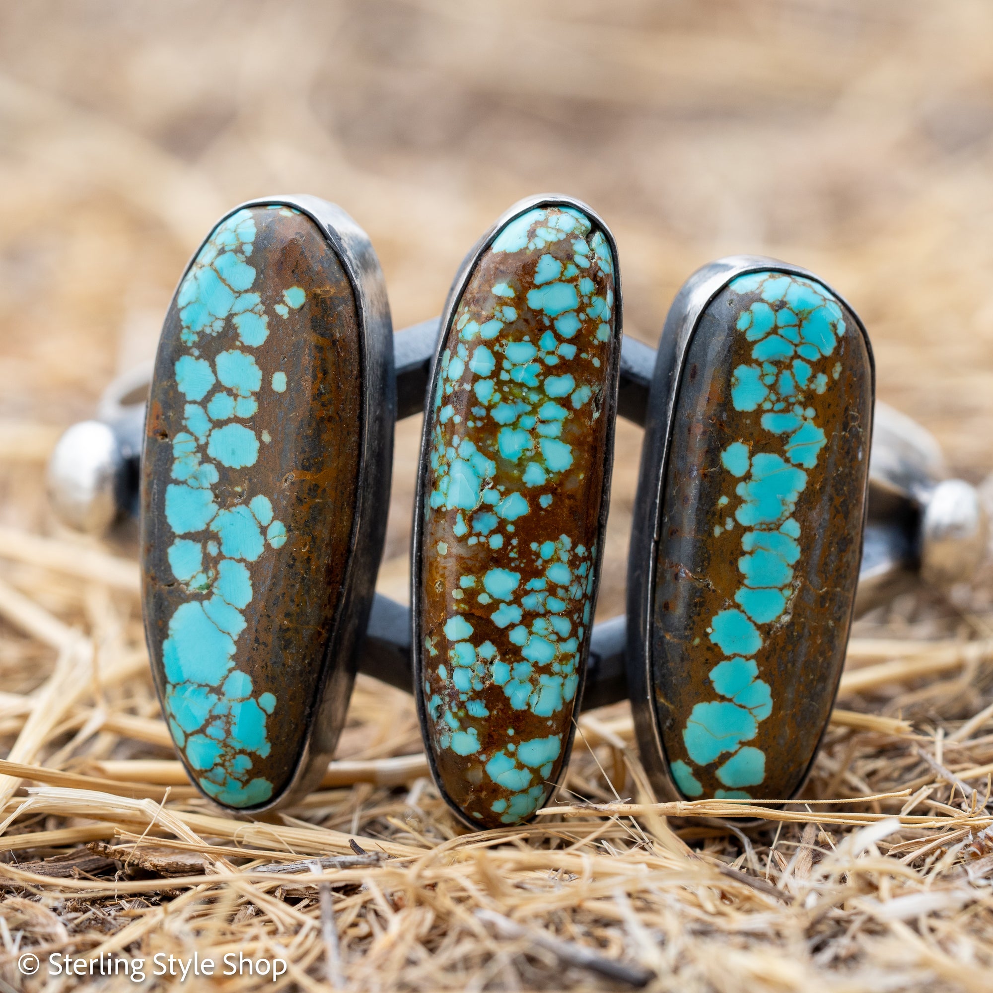 Chimney Butte Number 8 Turquoise Cuff, Three Large Stones, Navajo Sterling Silver