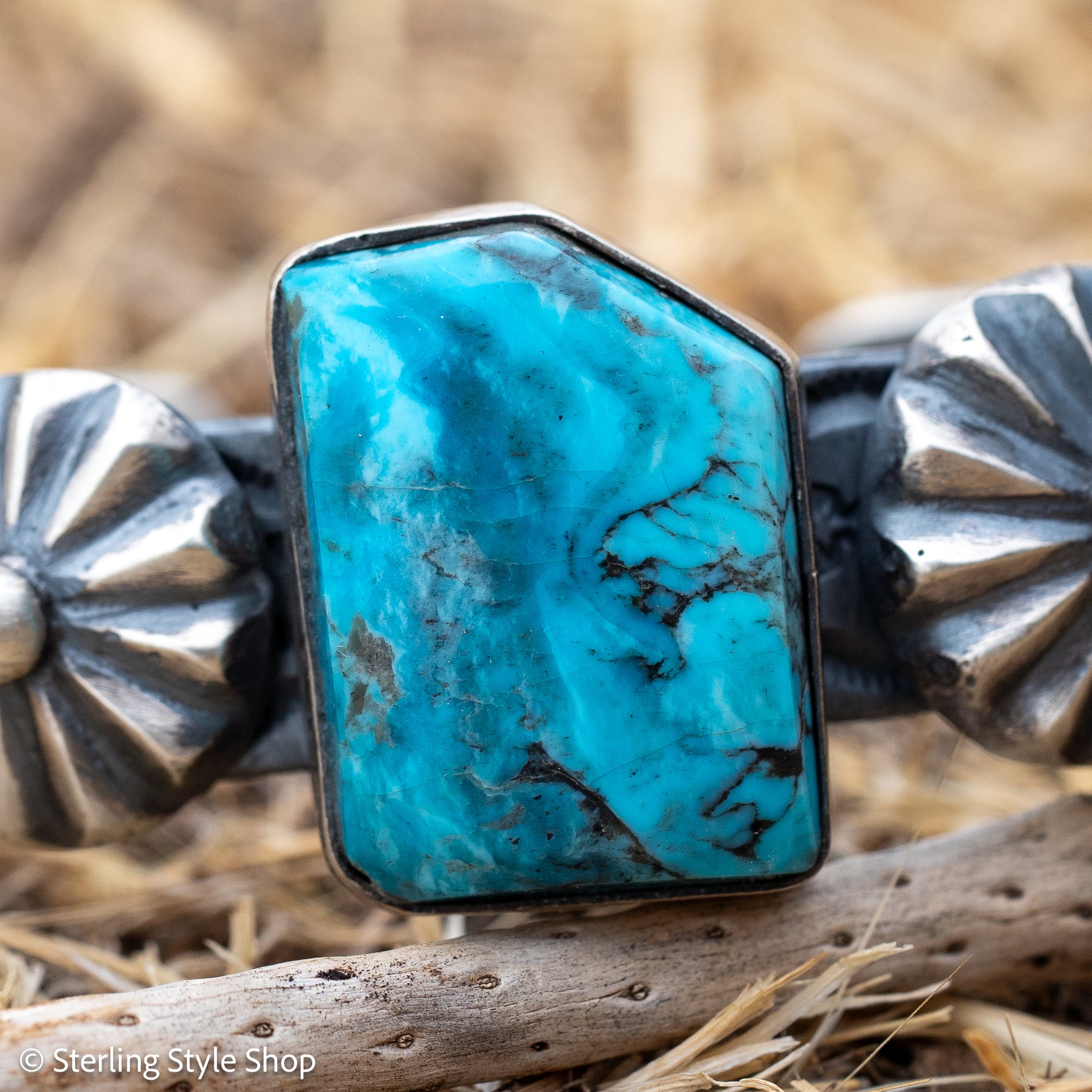 Chimney Butte Kingman Turquoise Concho Cuff, Navajo Sterling Silver, 76g