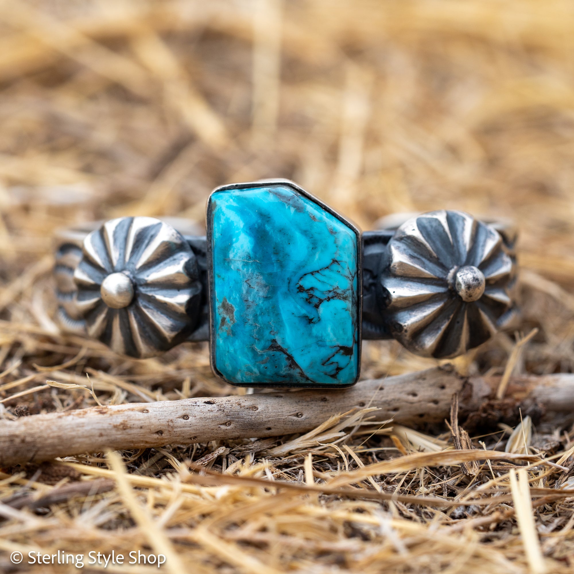 Chimney Butte Kingman Turquoise Concho Cuff, Navajo Sterling Silver, 76g