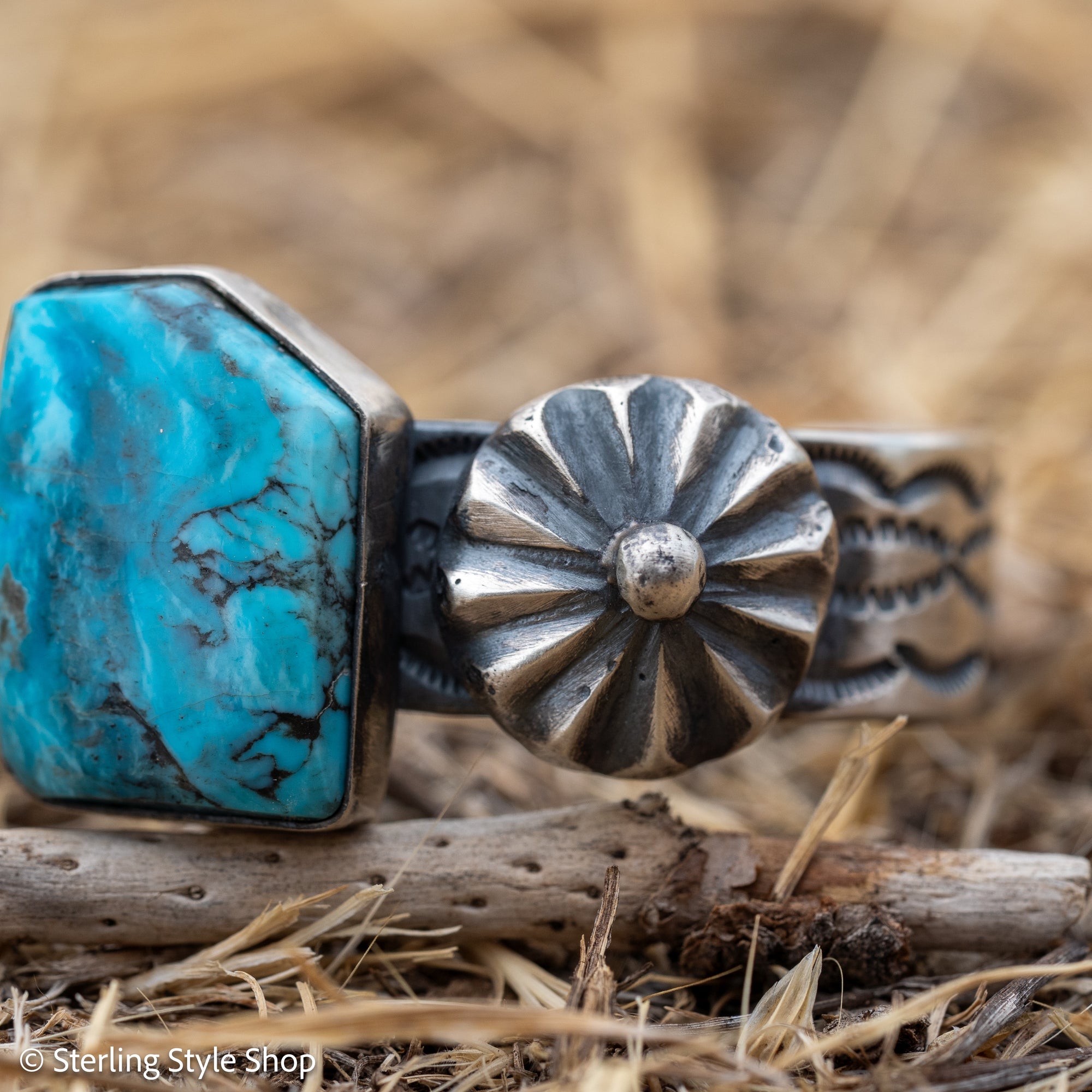 Chimney Butte Kingman Turquoise Concho Cuff, Navajo Sterling Silver, 76g