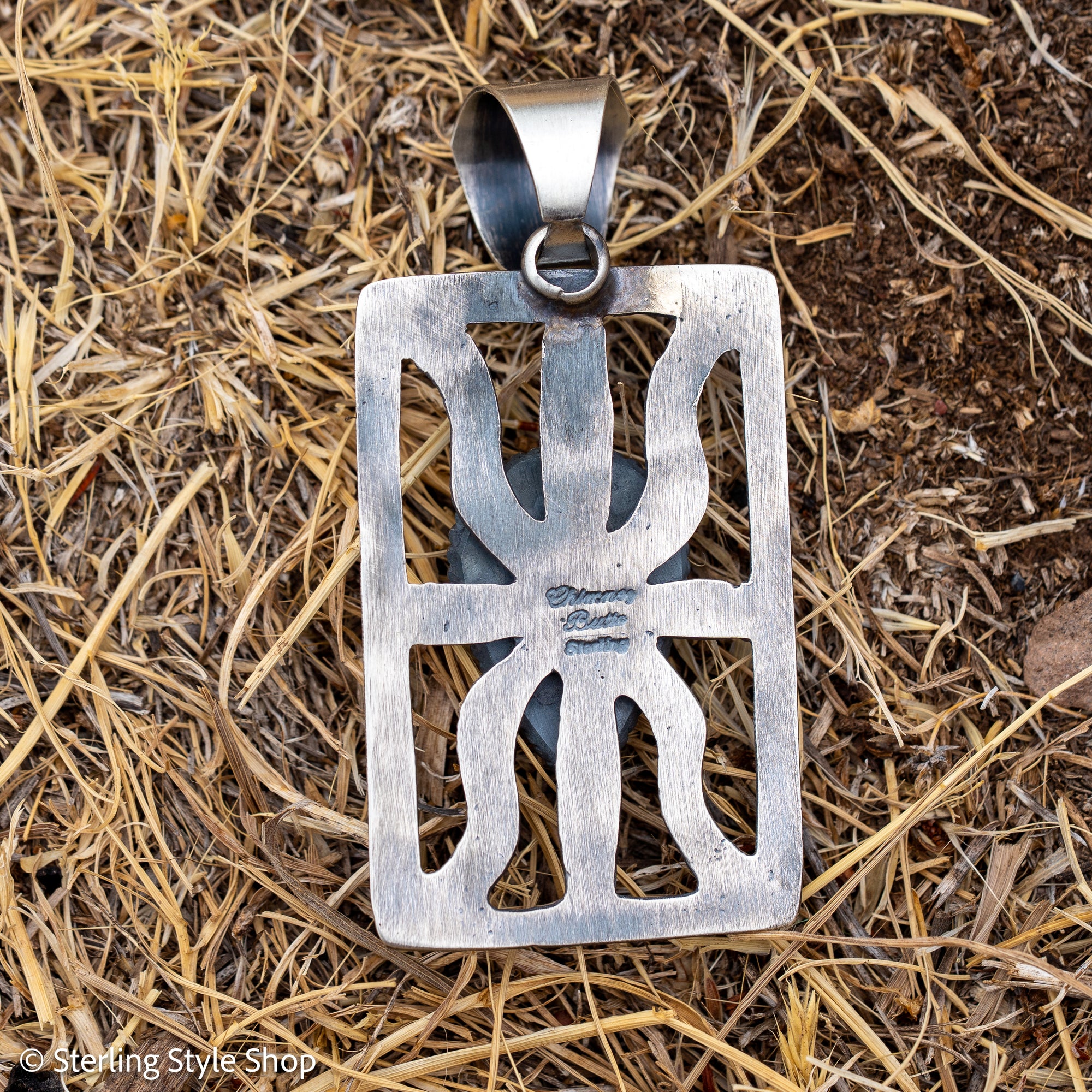 Chimney Butte White Buffalo Pendant, Open Frame, Navajo Sterling Silver