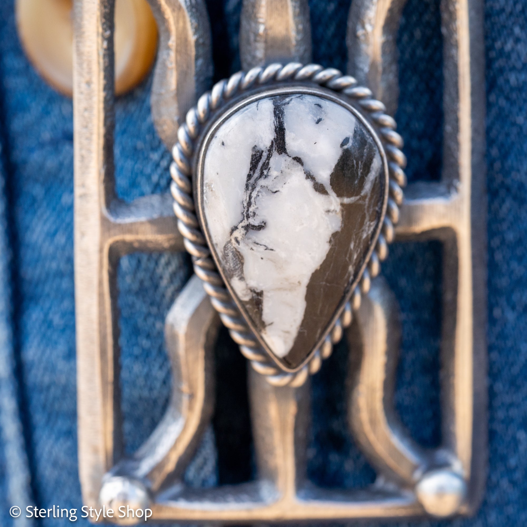 Chimney Butte White Buffalo Pendant, Open Frame, Navajo Sterling Silver