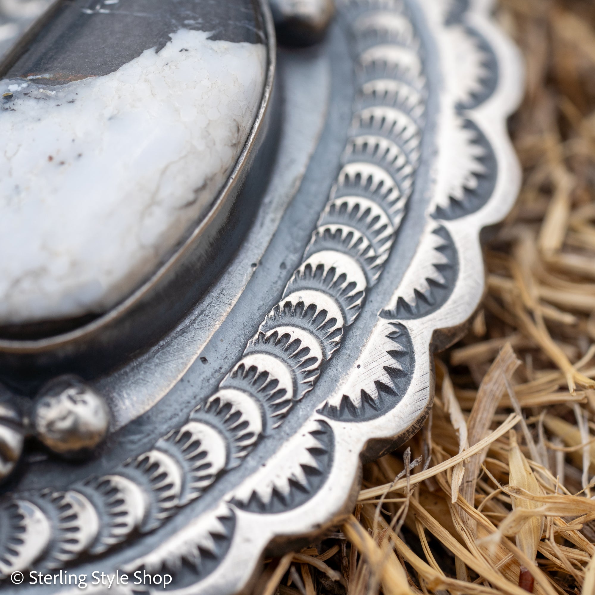Chimney Butte White Buffalo Pendant, Scalloped Oval Concho, Navajo Sterling