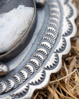 Chimney Butte White Buffalo Pendant, Scalloped Oval Concho, Navajo Sterling