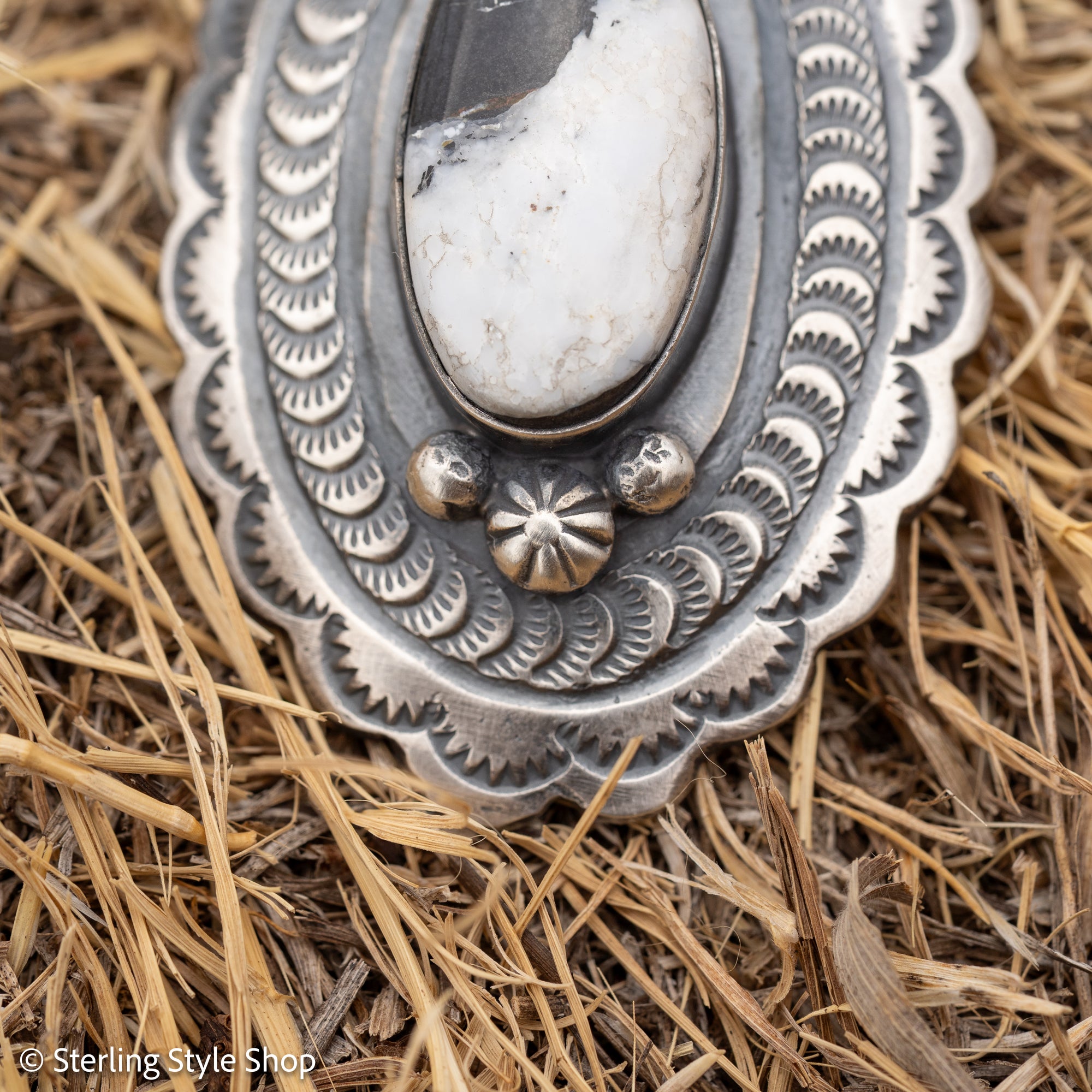 Chimney Butte White Buffalo Pendant, Scalloped Oval Concho, Navajo Sterling