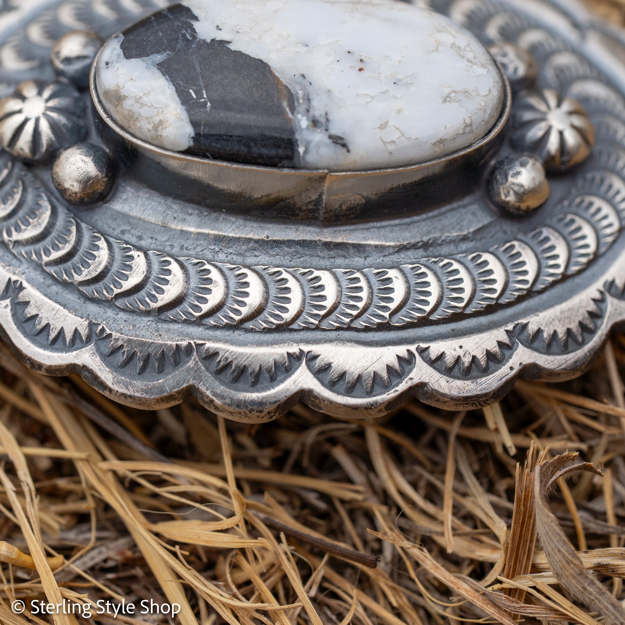 Chimney Butte White Buffalo Pendant, Scalloped Oval Concho, Navajo Sterling